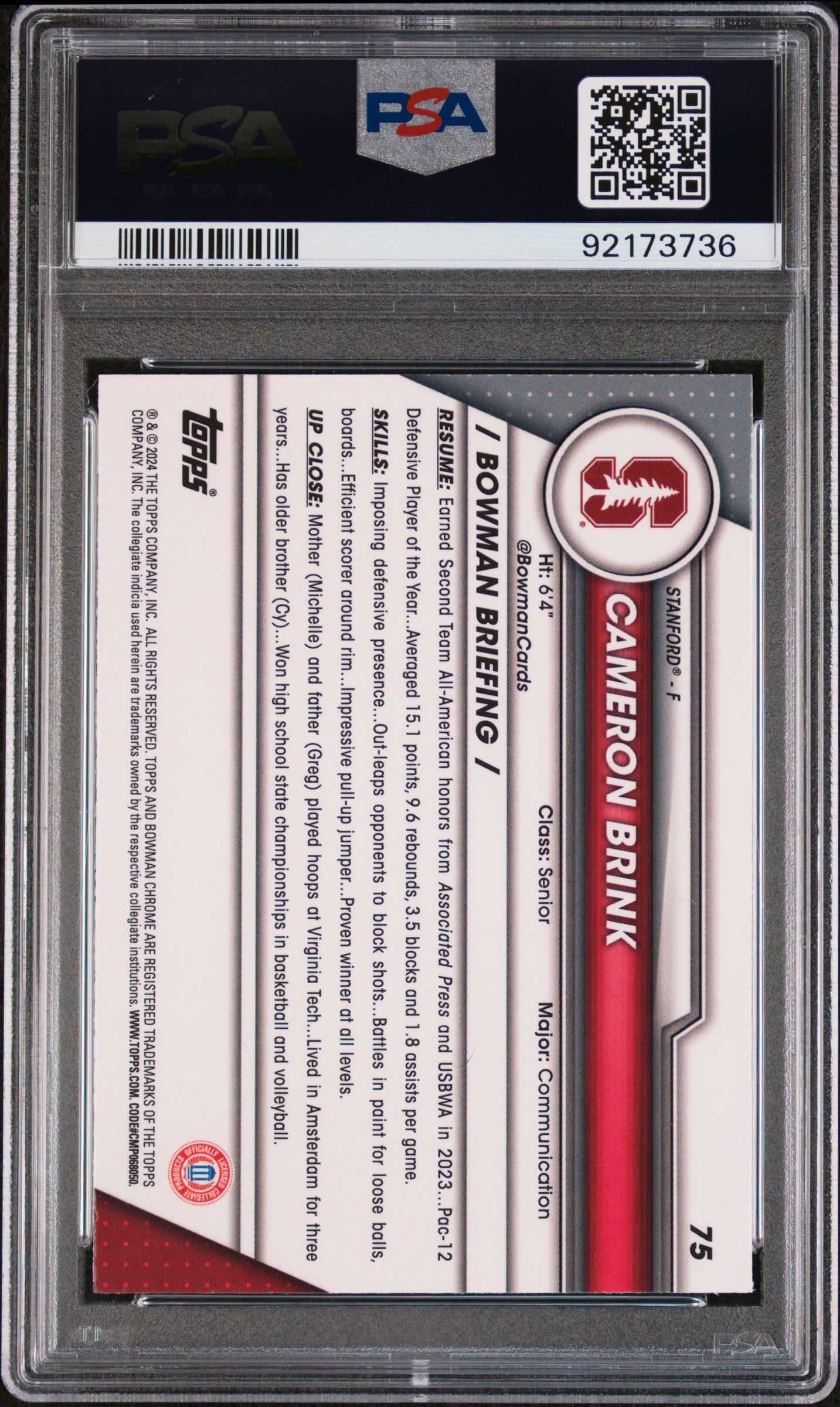 2023 Bowman University Chrome Sapphire Cameron Brink #75 PSA 10