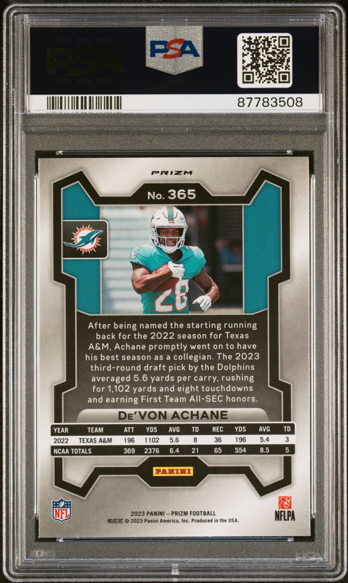 2023 Panini Prizm Prizms Pink De'Von Achane #365 PSA 10