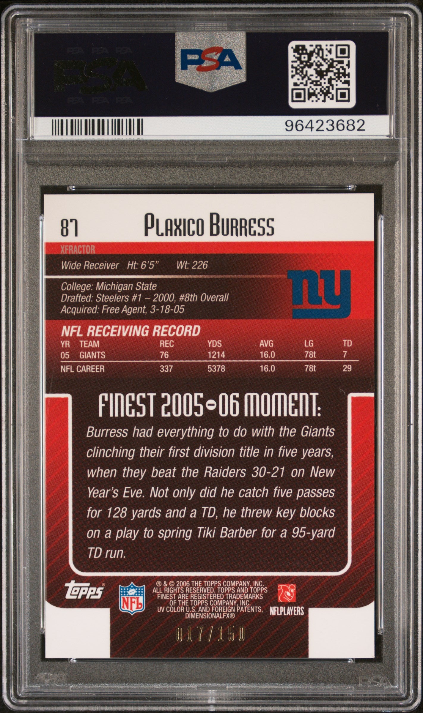 2006 Finest Blue Xfractor Plaxico Burress #87 /150 PSA 9
