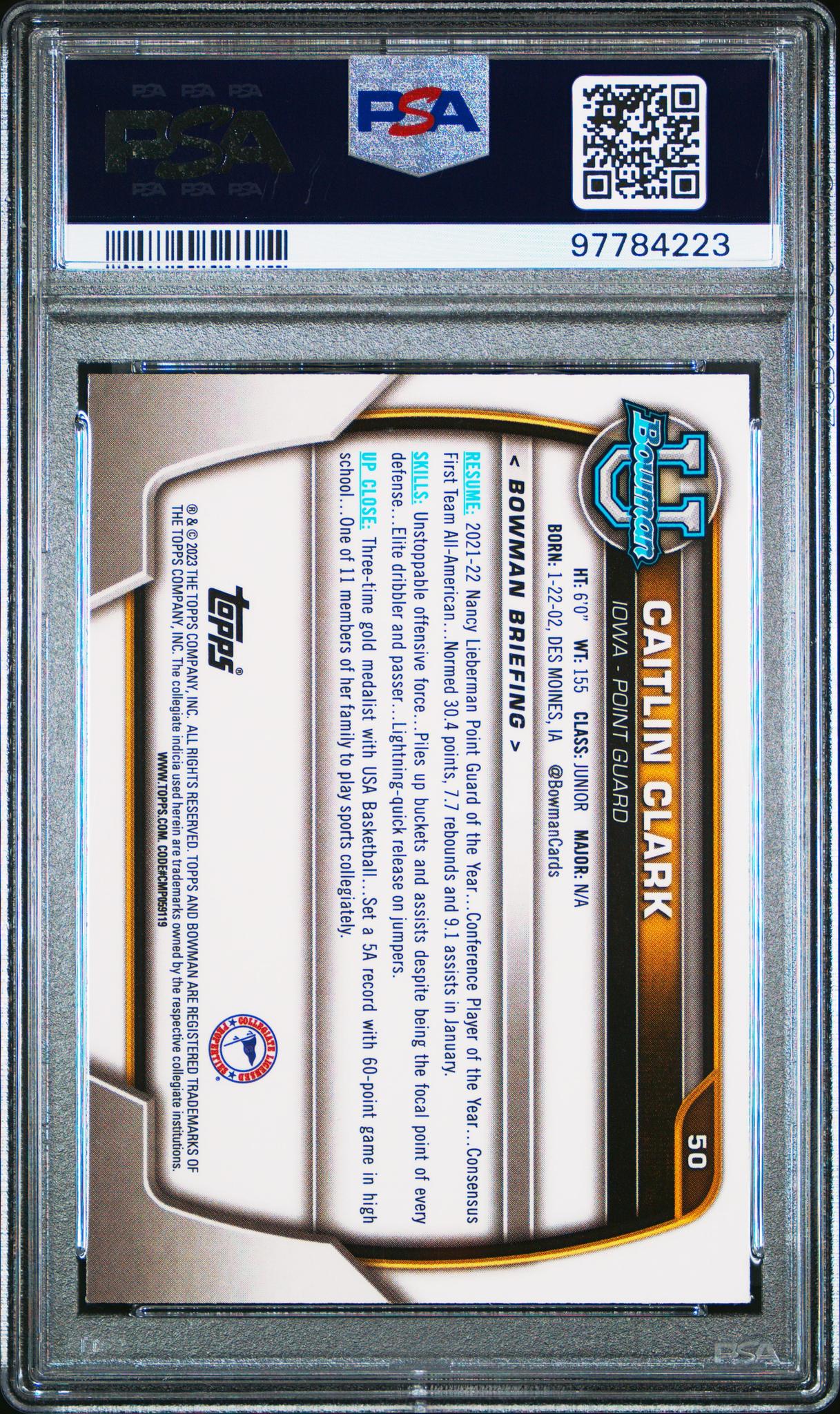 2022 Bowman University Caitlin Clark #50 PSA 9