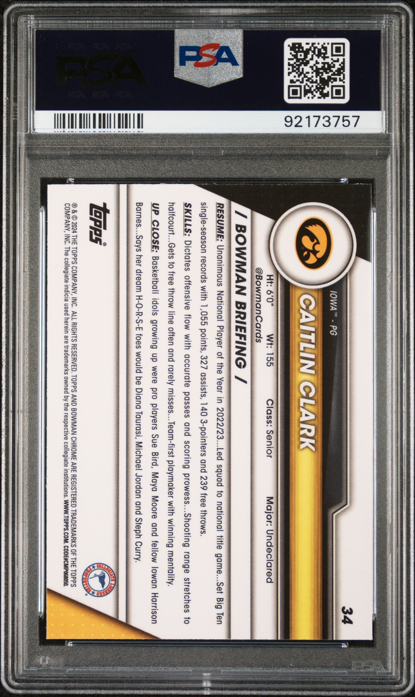 2023 Bowman University Chrome Sapphire Caitlin Clark #34 PSA 10