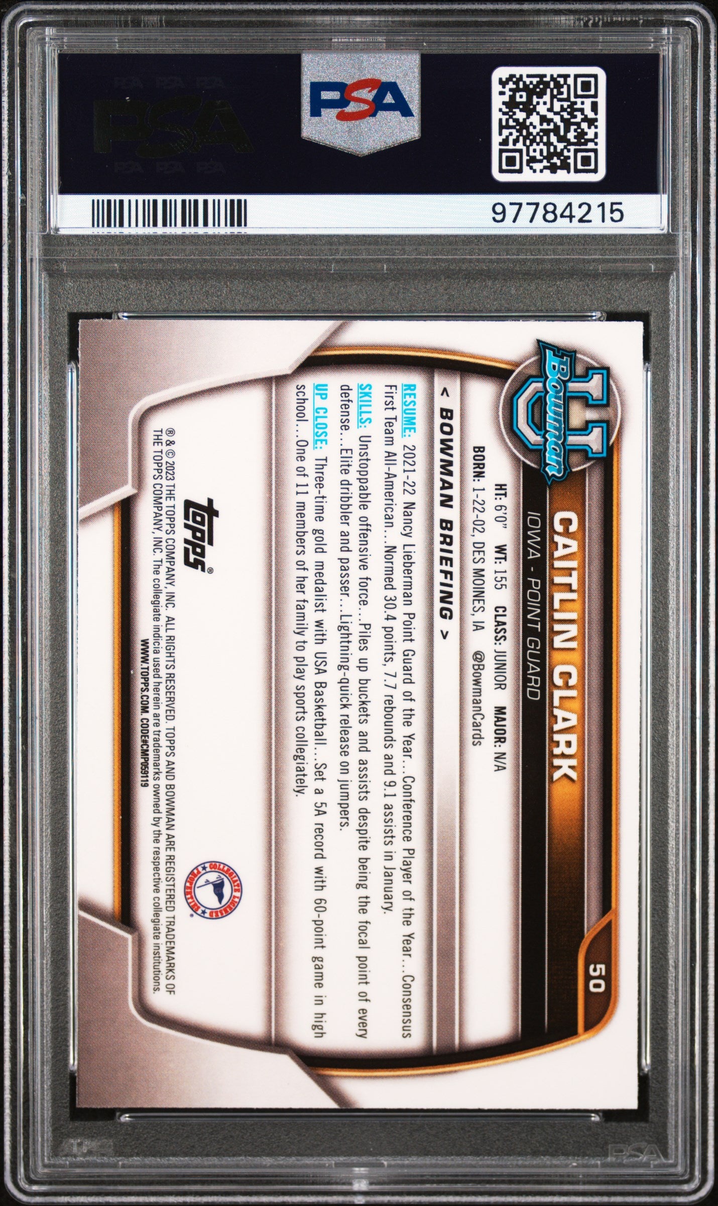 2022 Bowman University Caitlin Clark #50 PSA 9