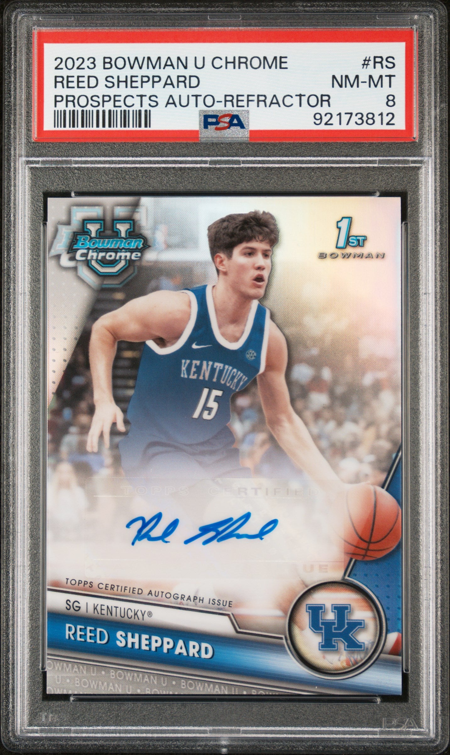 2023 Bowman University Chrome Bowman Chrome Prospects Autographs Refractor Reed Sheppard #RS /250 PSA 8