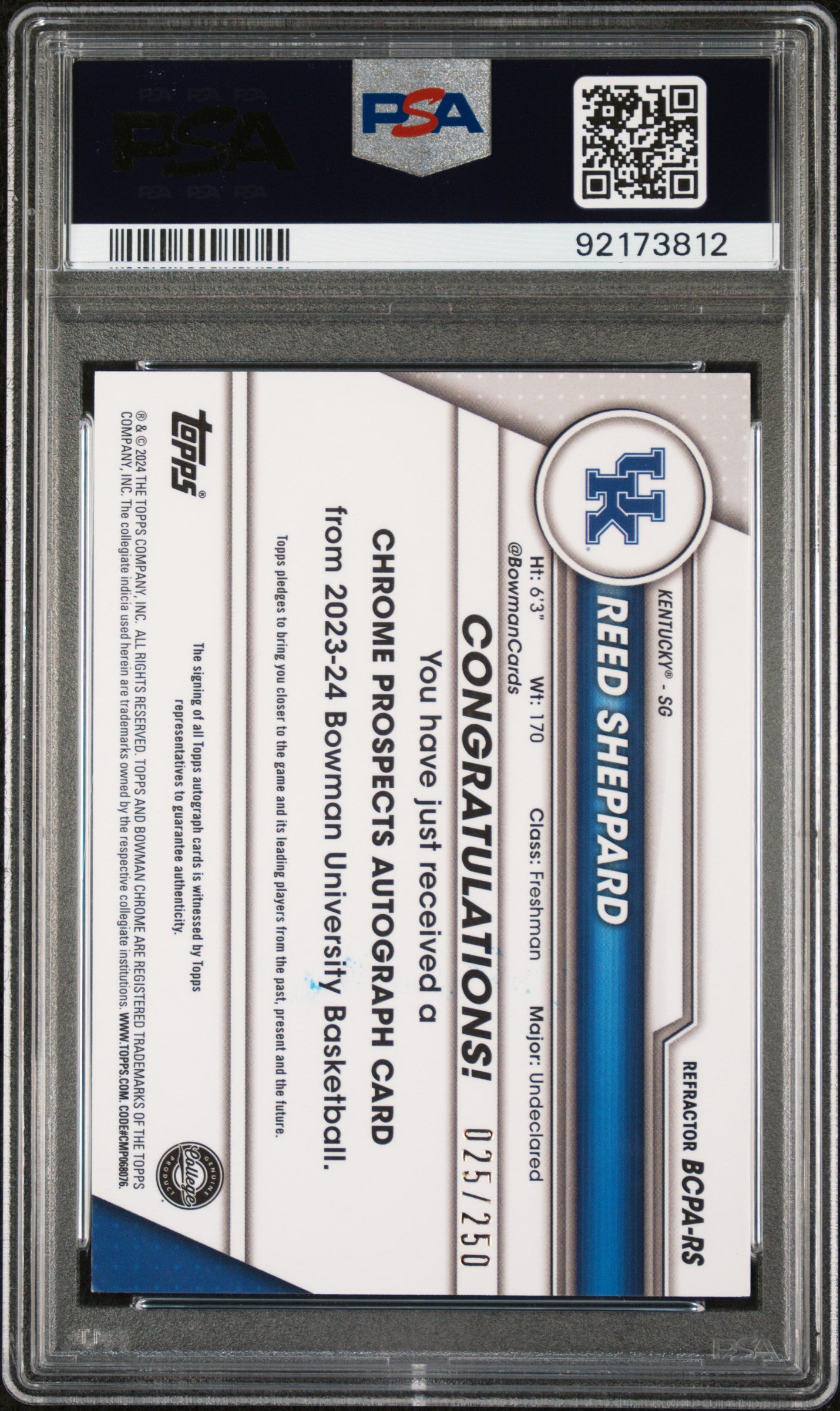 2023 Bowman University Chrome Bowman Chrome Prospects Autographs Refractor Reed Sheppard #RS /250 PSA 8
