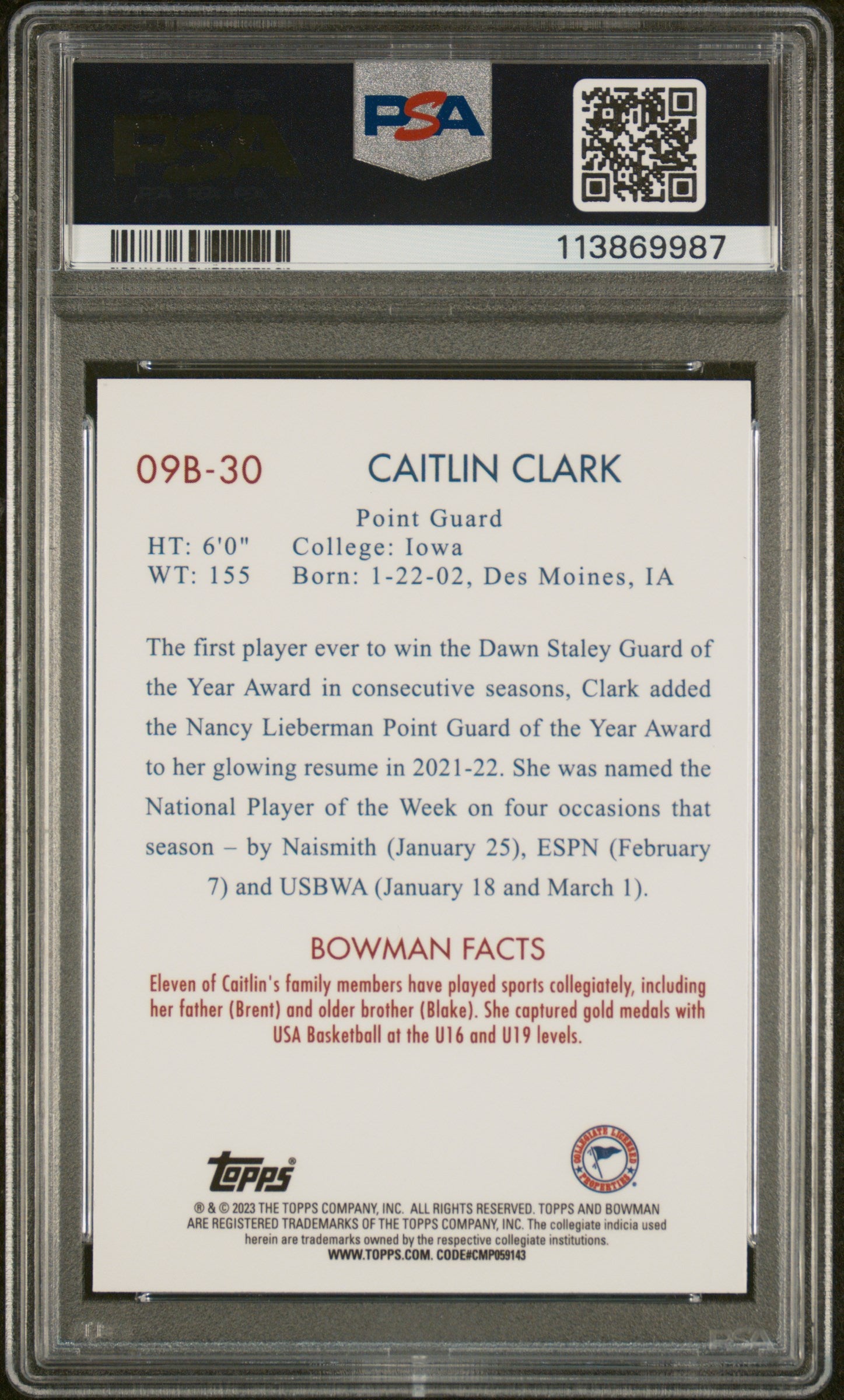 2022 Bowman Chrome University '09 Bowman Caitlin Clark #09B30 PSA 9