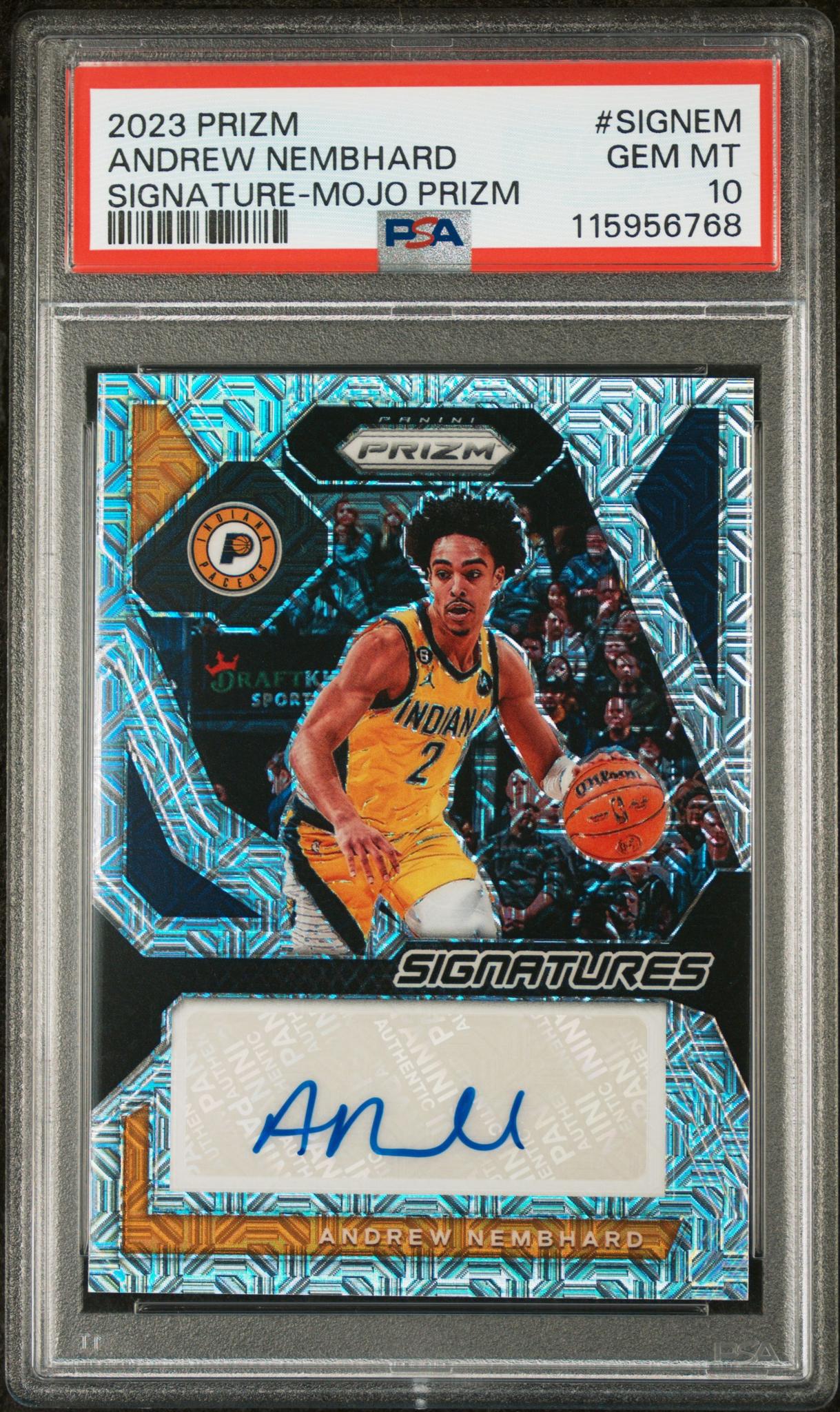 2023 Panini Prizm Signatures Signature-Mojo Prizm Andrew Nembhard #SIGNEM /25 PSA 10