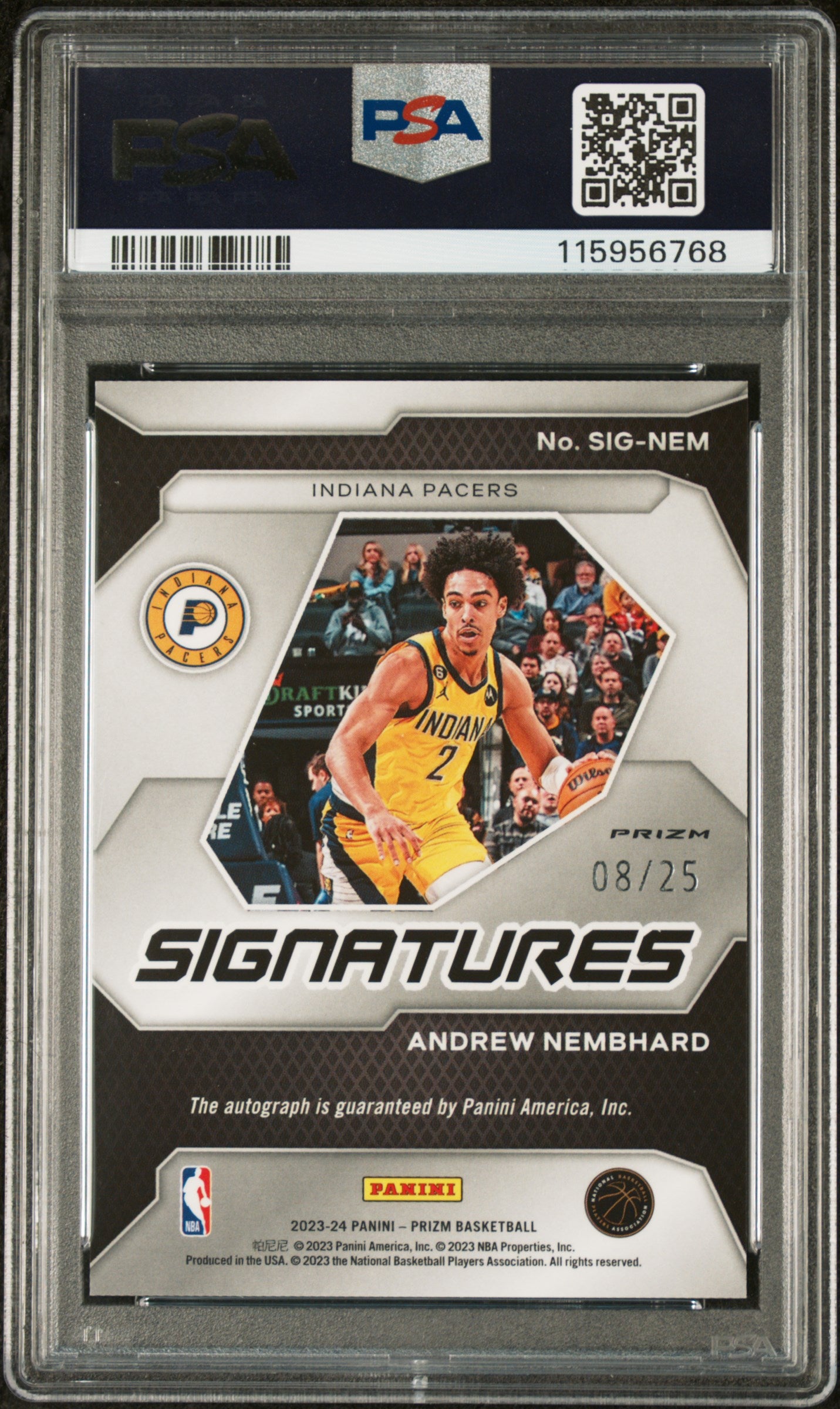 2023 Panini Prizm Signatures Signature-Mojo Prizm Andrew Nembhard #SIGNEM /25 PSA 10