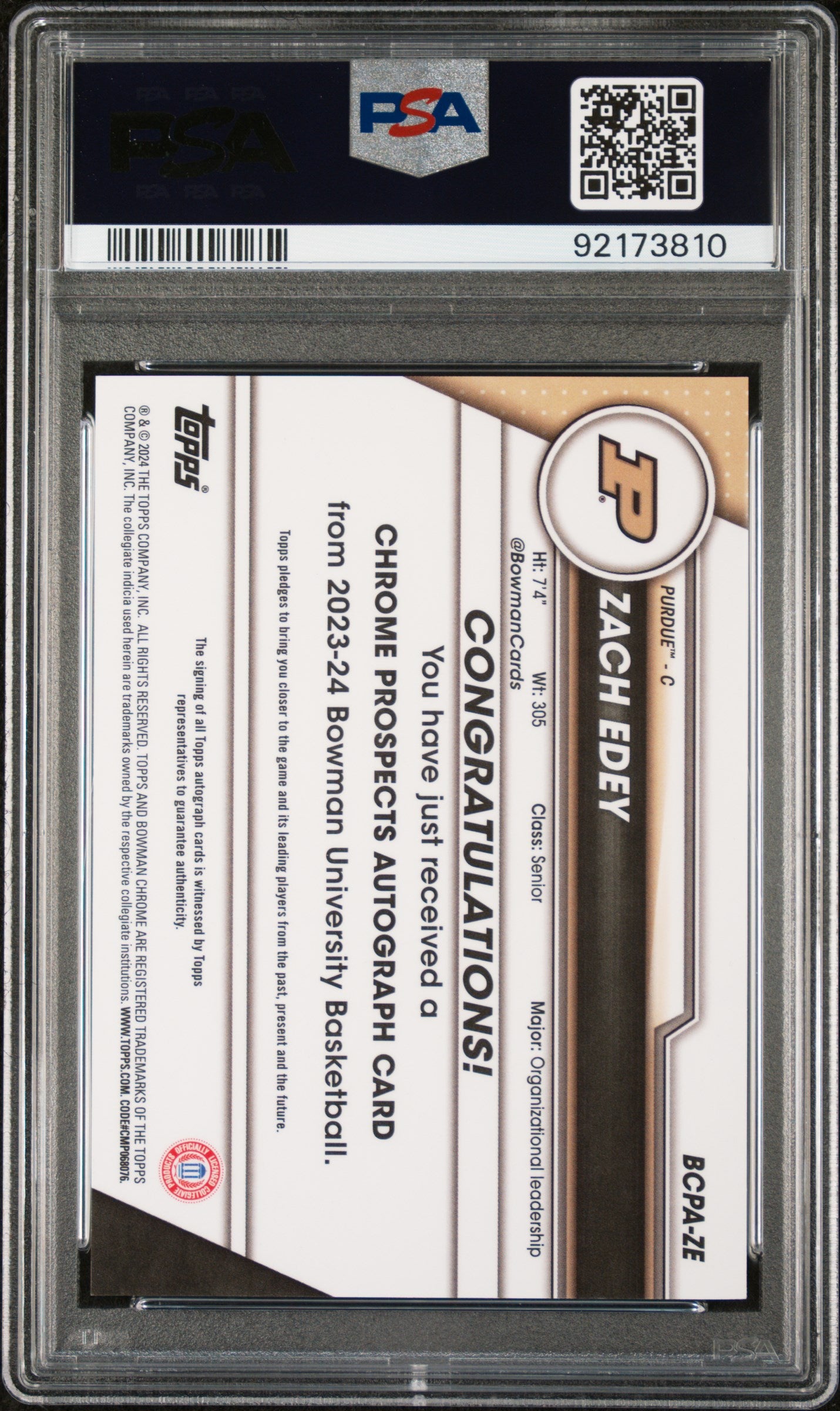 2023 Bowman University Chrome Bowman Chrome Prospects Autographs Zach Edey #ZE PSA 10