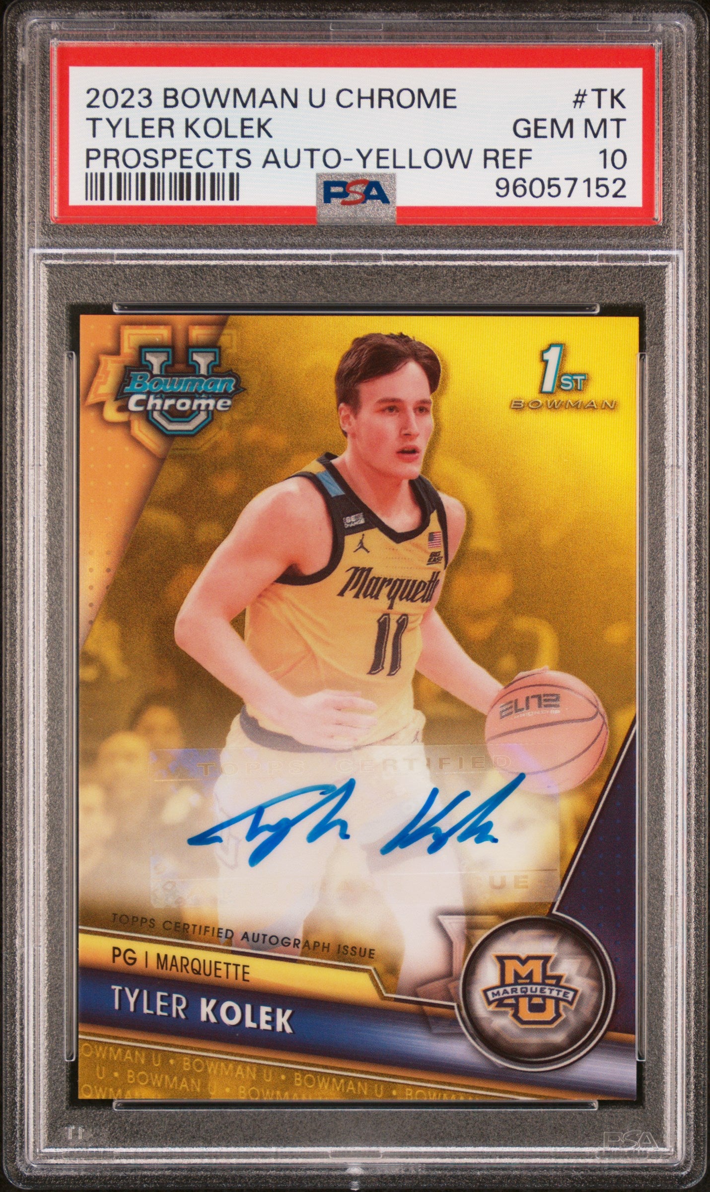 2023 Bowman University Chrome Bowman Chrome Prospects Autographs Prospects Auto-Yellow Tyler Kolek #TK /75 PSA 10