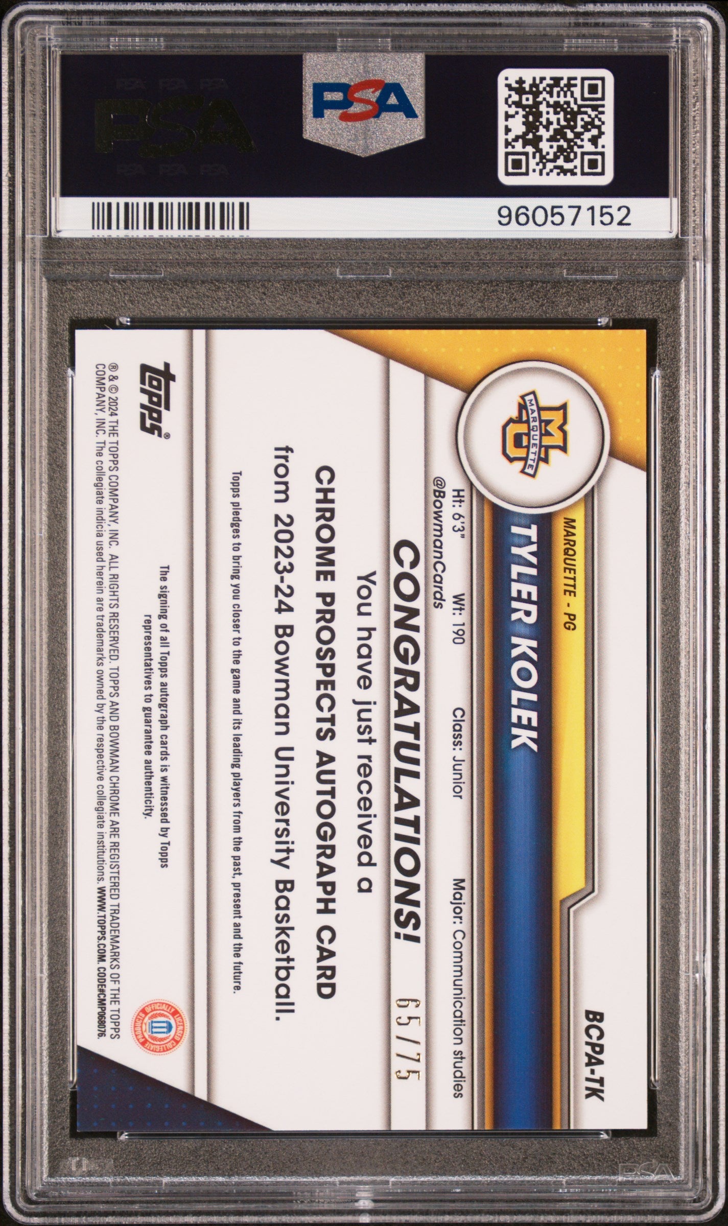 2023 Bowman University Chrome Bowman Chrome Prospects Autographs Prospects Auto-Yellow Tyler Kolek #TK /75 PSA 10
