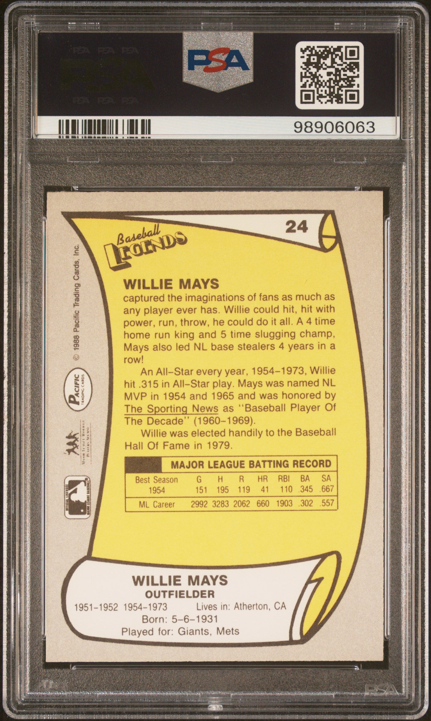 1988 Pacific Legends Willie Mays #24 PSA 8
