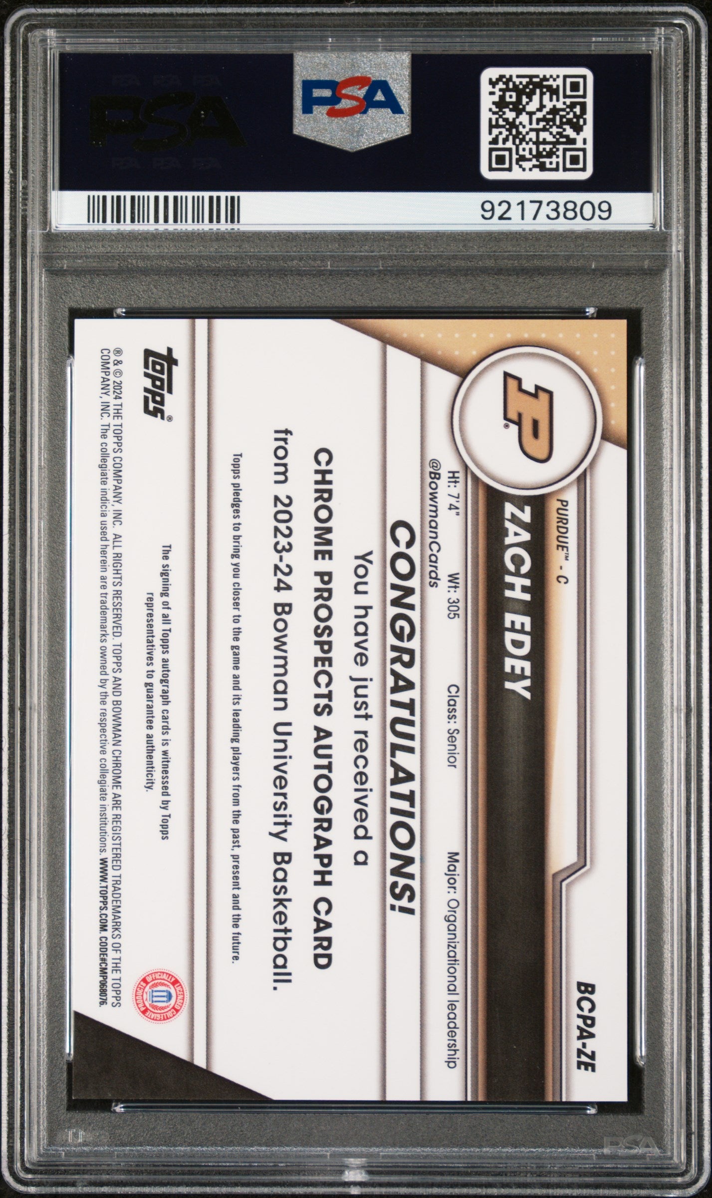 2023 Bowman University Chrome Bowman Chrome Prospects Autographs Zach Edey #ZE PSA 10