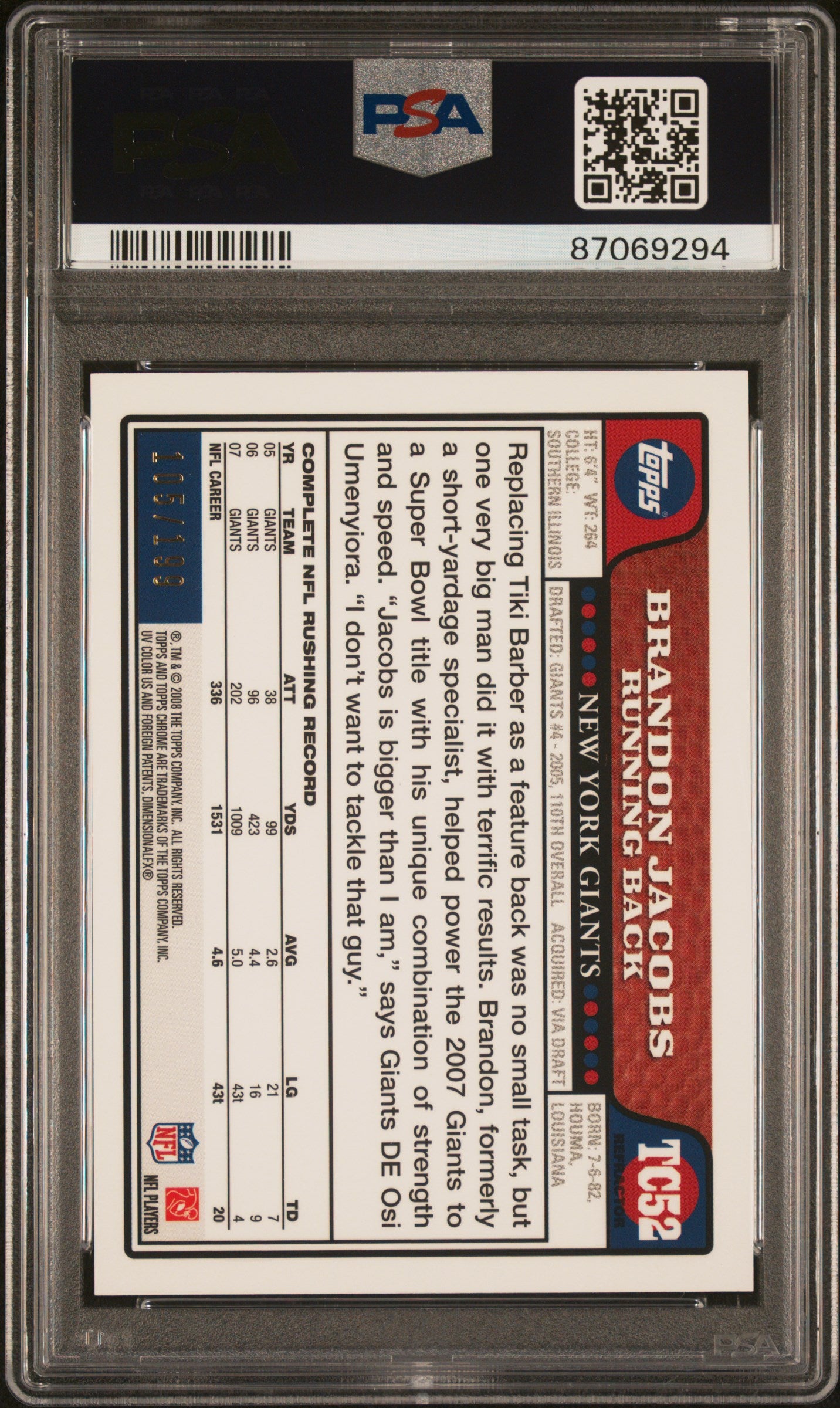 2008 Topps Chrome Gold Refractor Brandon Jacobs #TC52 /199 PSA 9