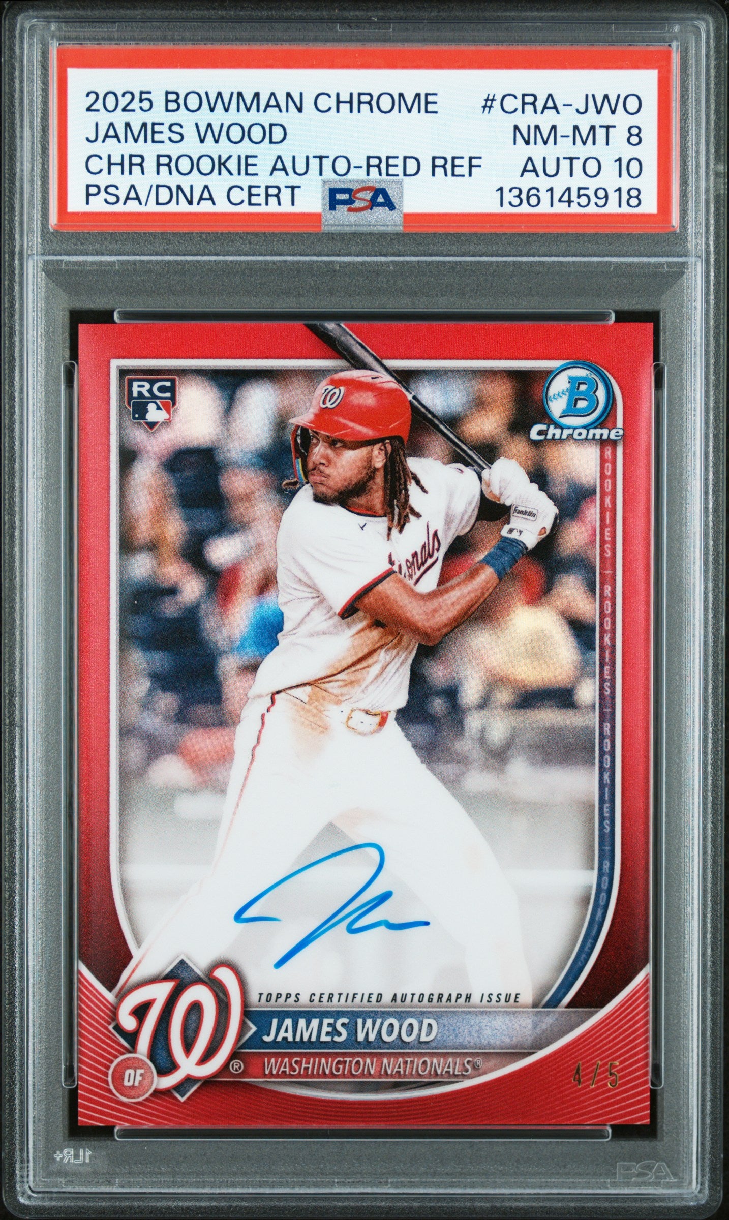 2025 Chrome Rookie Autographs Red Refractors James Wood #CRAJWO /5 PSA 8