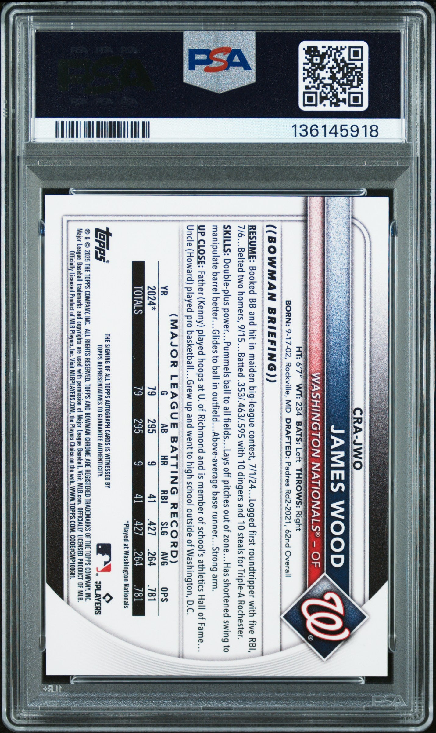 2025 Chrome Rookie Autographs Red Refractors James Wood #CRAJWO /5 PSA 8