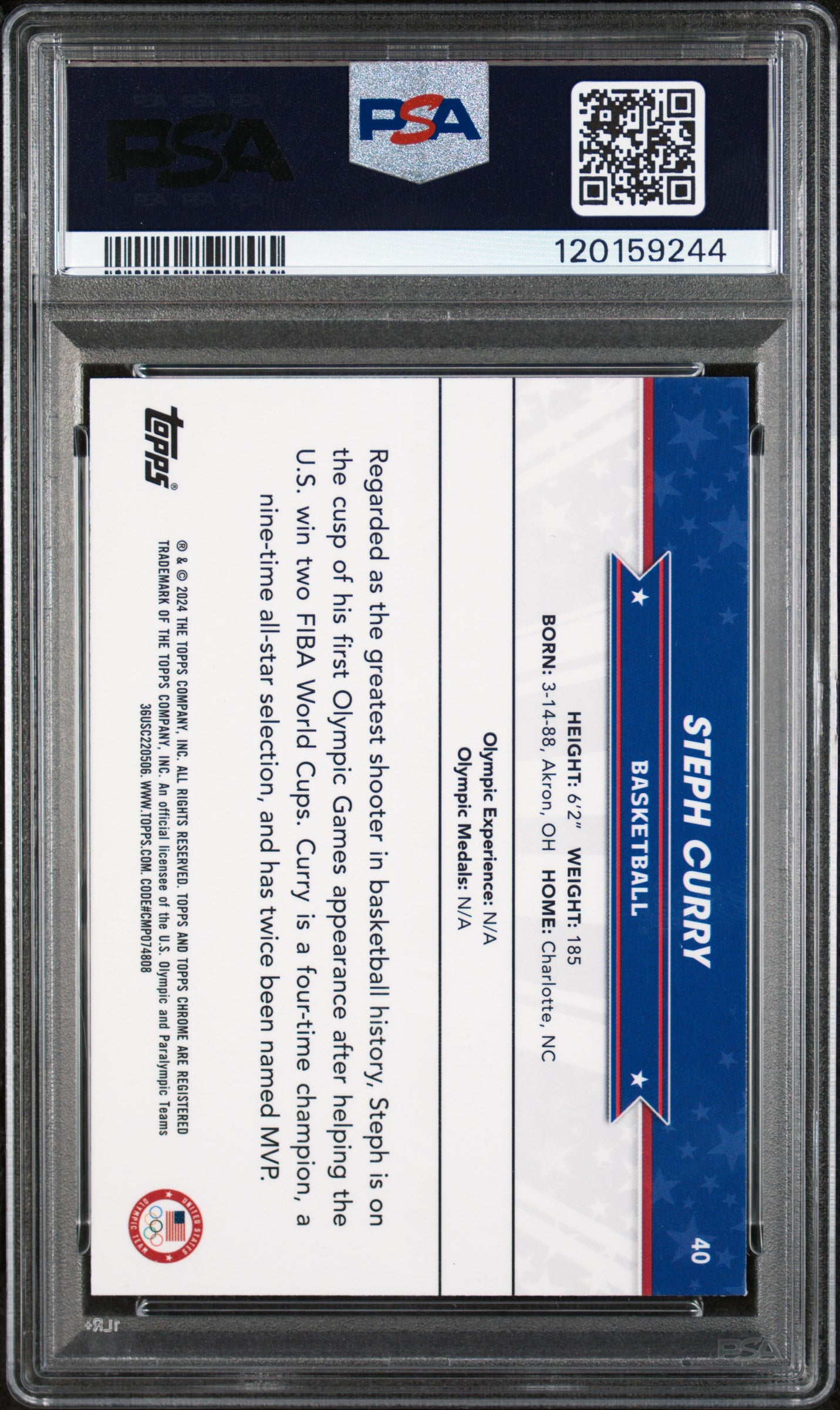 2024 Topps Chrome US Olympics Blue Refractor Stephen Curry #40 /150 PSA 9