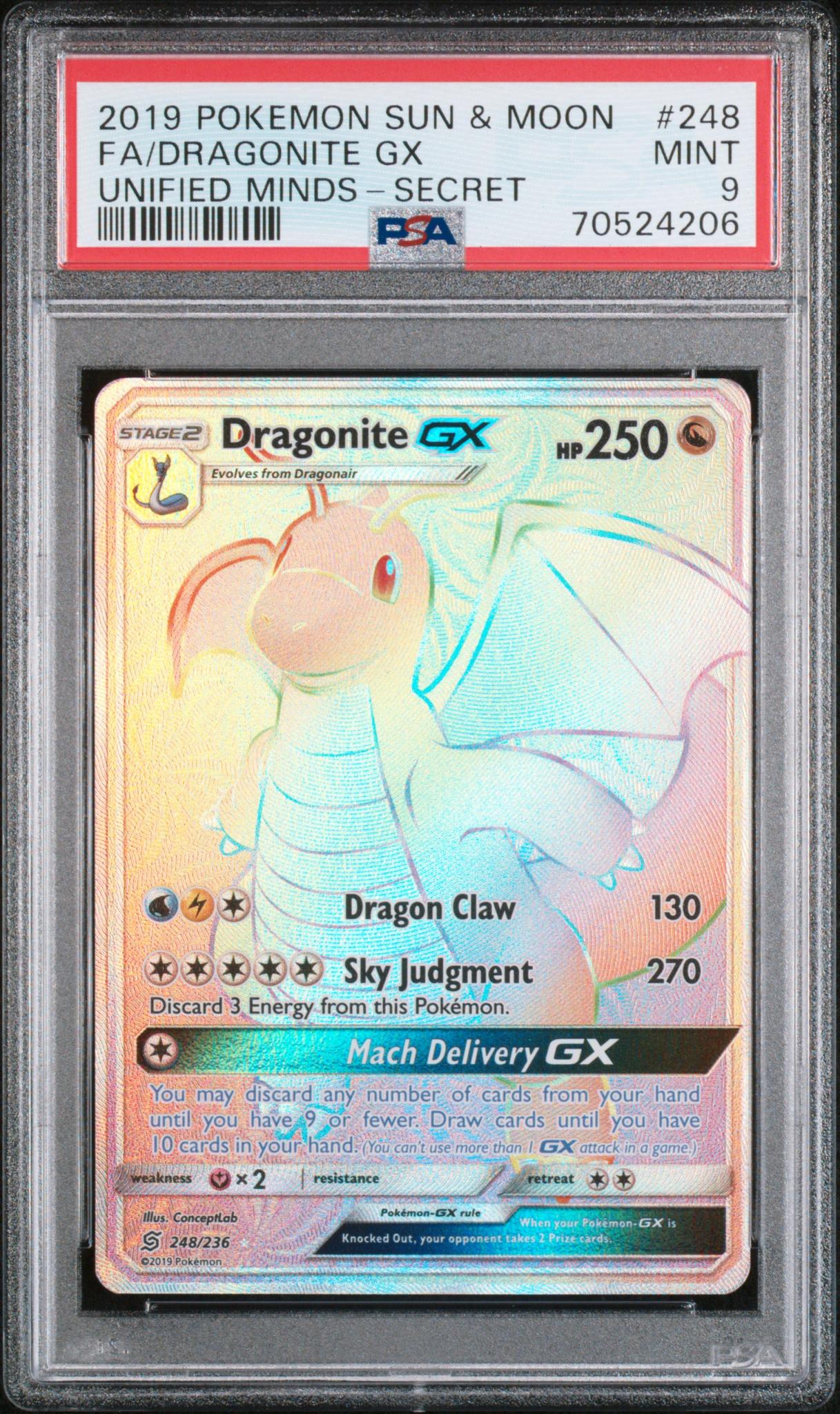 2019 Pokemon Sun and Moon Unified Minds Secret Rare Dragonite Gx #248 PSA 9