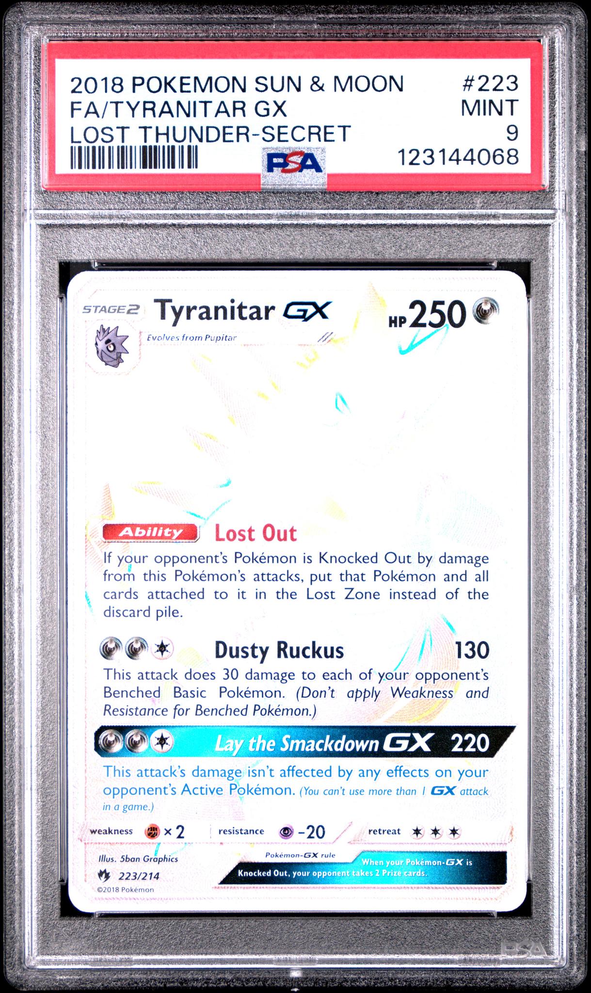 2018 Pokemon Sun and Moon Lost Thunder Secret Rare Tyranitar Gx #223 PSA 9