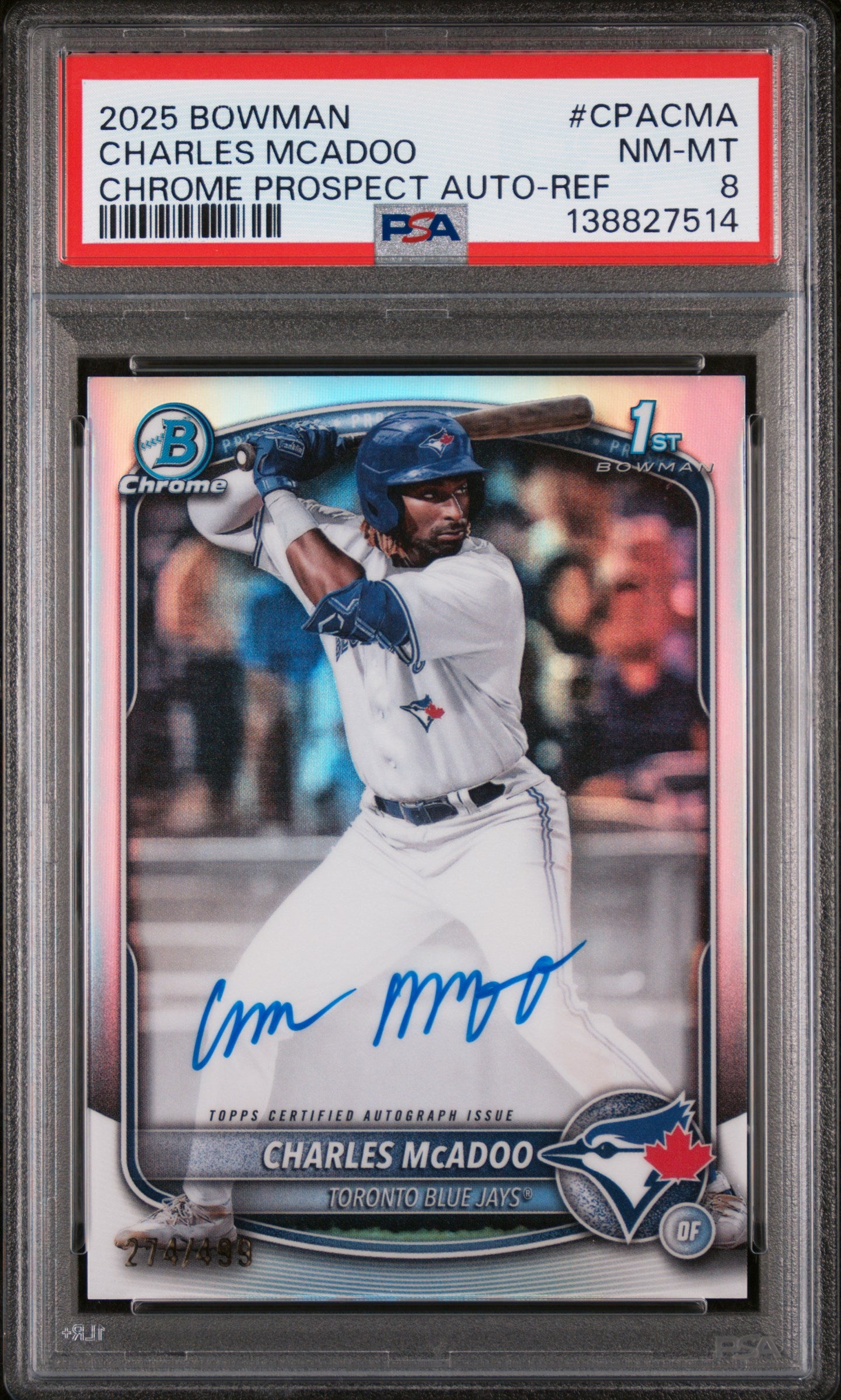 2025 Bowman Chrome Prospect Autograph Refractor Charles Mcadoo #CPACMA /499 PSA 8
