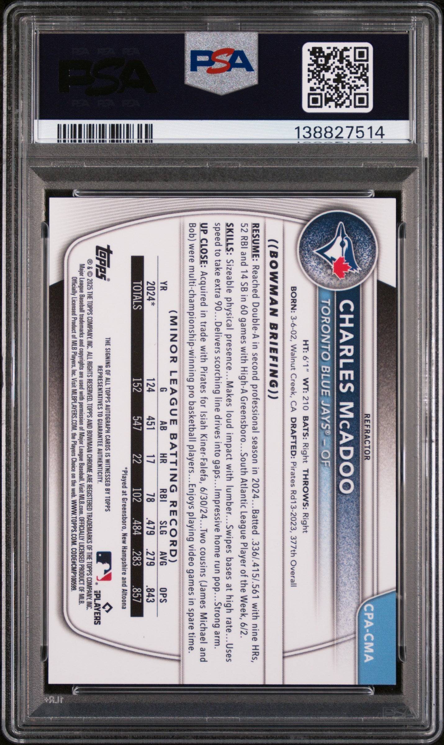 2025 Bowman Chrome Prospect Autograph Refractor Charles Mcadoo #CPACMA /499 PSA 8