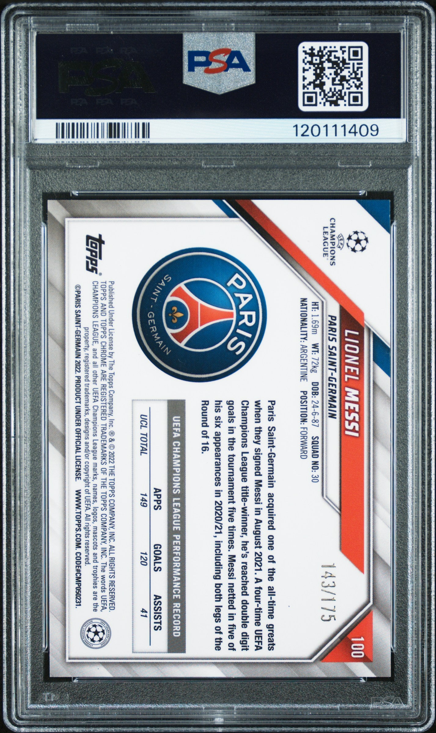 2021 Topps Chrome UEFA Champions League Pink Refractors Lionel Messi #100 /175 PSA 9