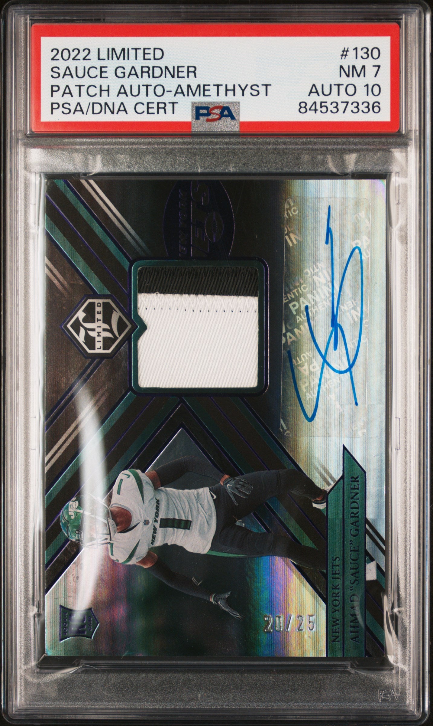 2022 Panini Limited Patch Autograph-Amethyst Ahmad "Sauce" Gardner #130 /25 PSA 7