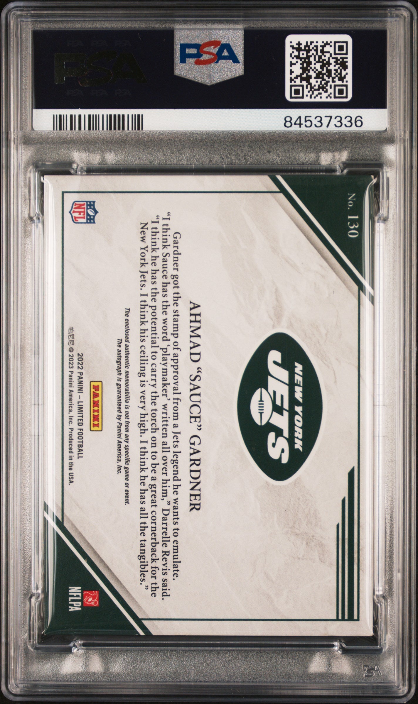 2022 Panini Limited Patch Autograph-Amethyst Ahmad "Sauce" Gardner #130 /25 PSA 7