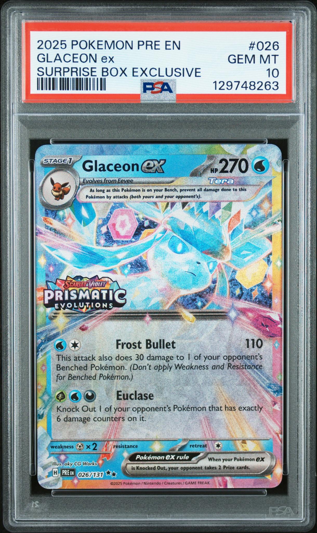 2025 Pokemon Scarlet and Violet Prismatic Evolutions Surprise Box Exclusive Glaceon Ex #026 PSA 10