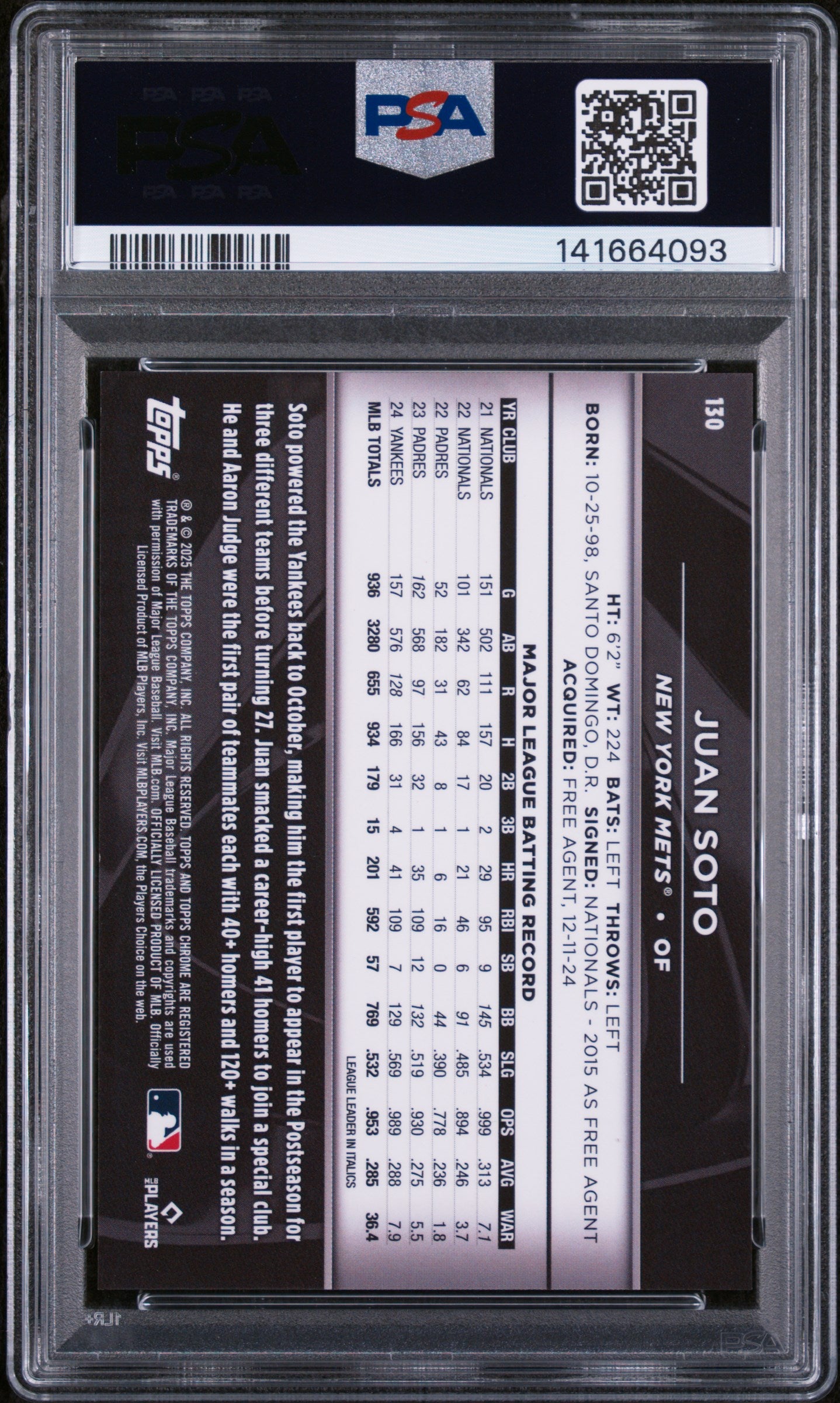 2025 Topps Chrome Black Purple Refractor Juan Soto #130 /75 PSA 10