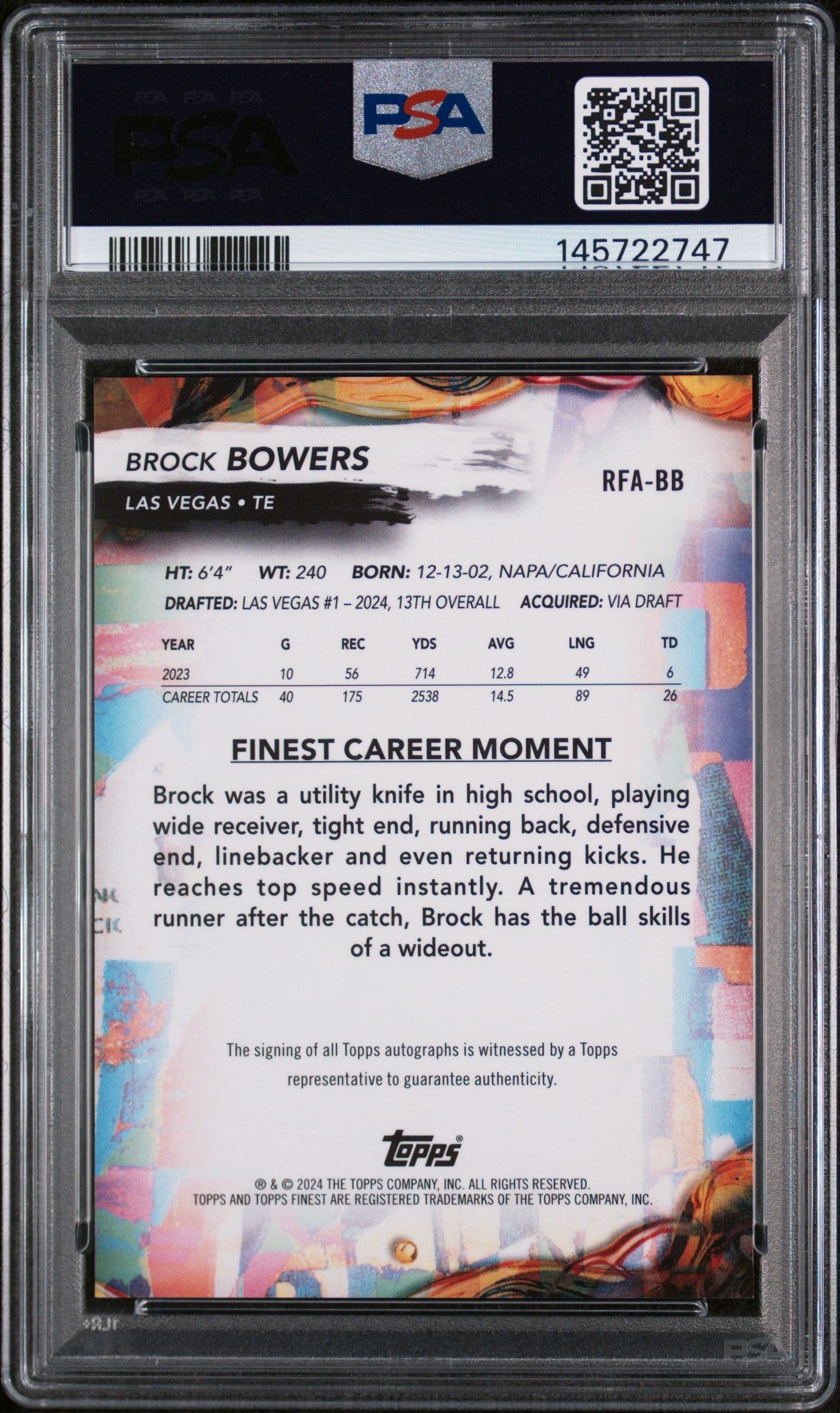 2024 Topps Finest Rookie Finest Autographs Brock Bowers #RFABB PSA 9