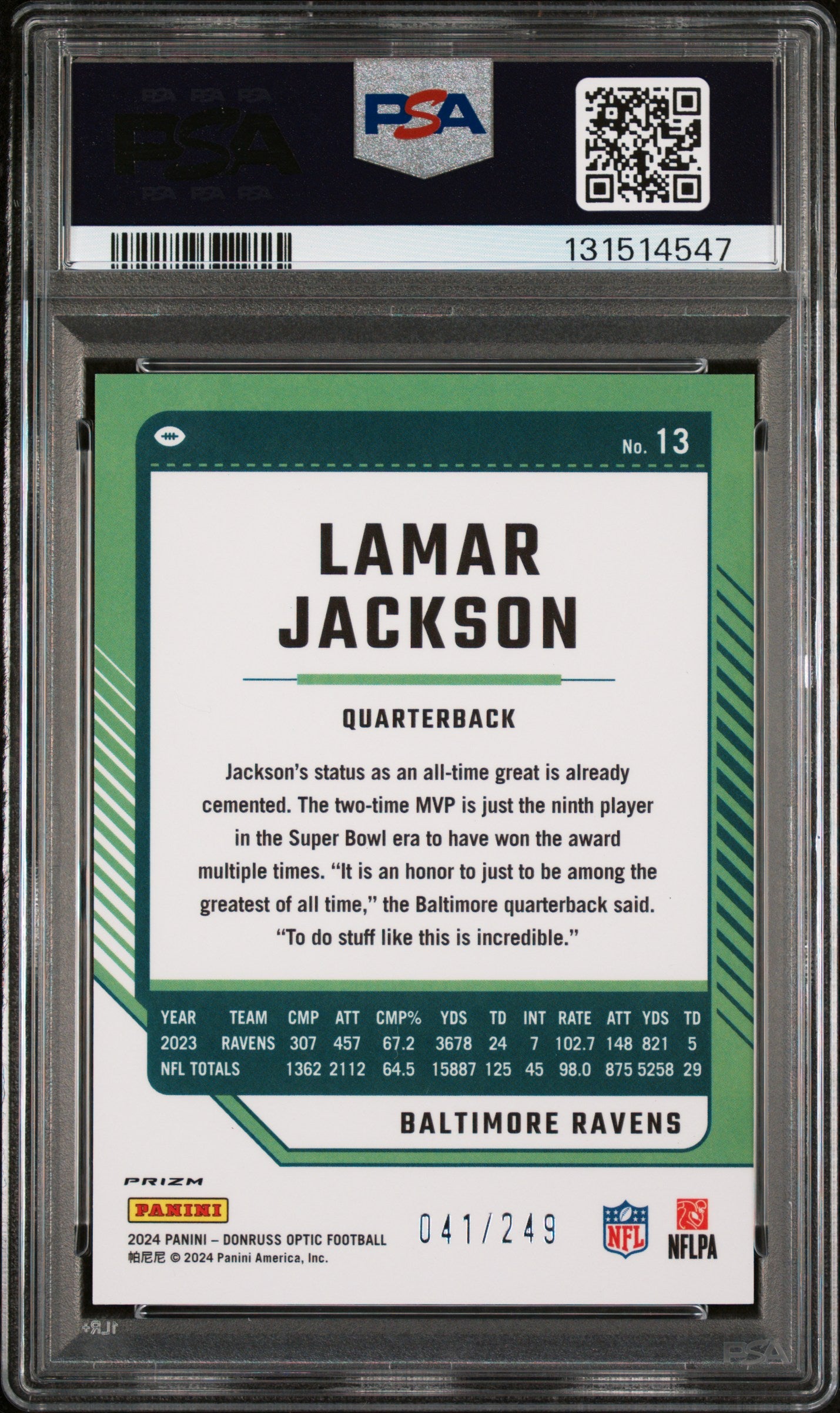 2024 Optic Orange Lamar Jackson #13 /249 PSA 10