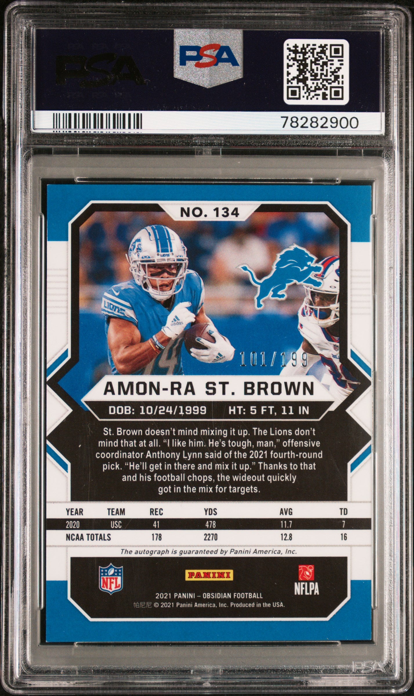 2021 Panini Obsidian Rookie Autos Amon-Ra St. Brown #134 /199 PSA 9