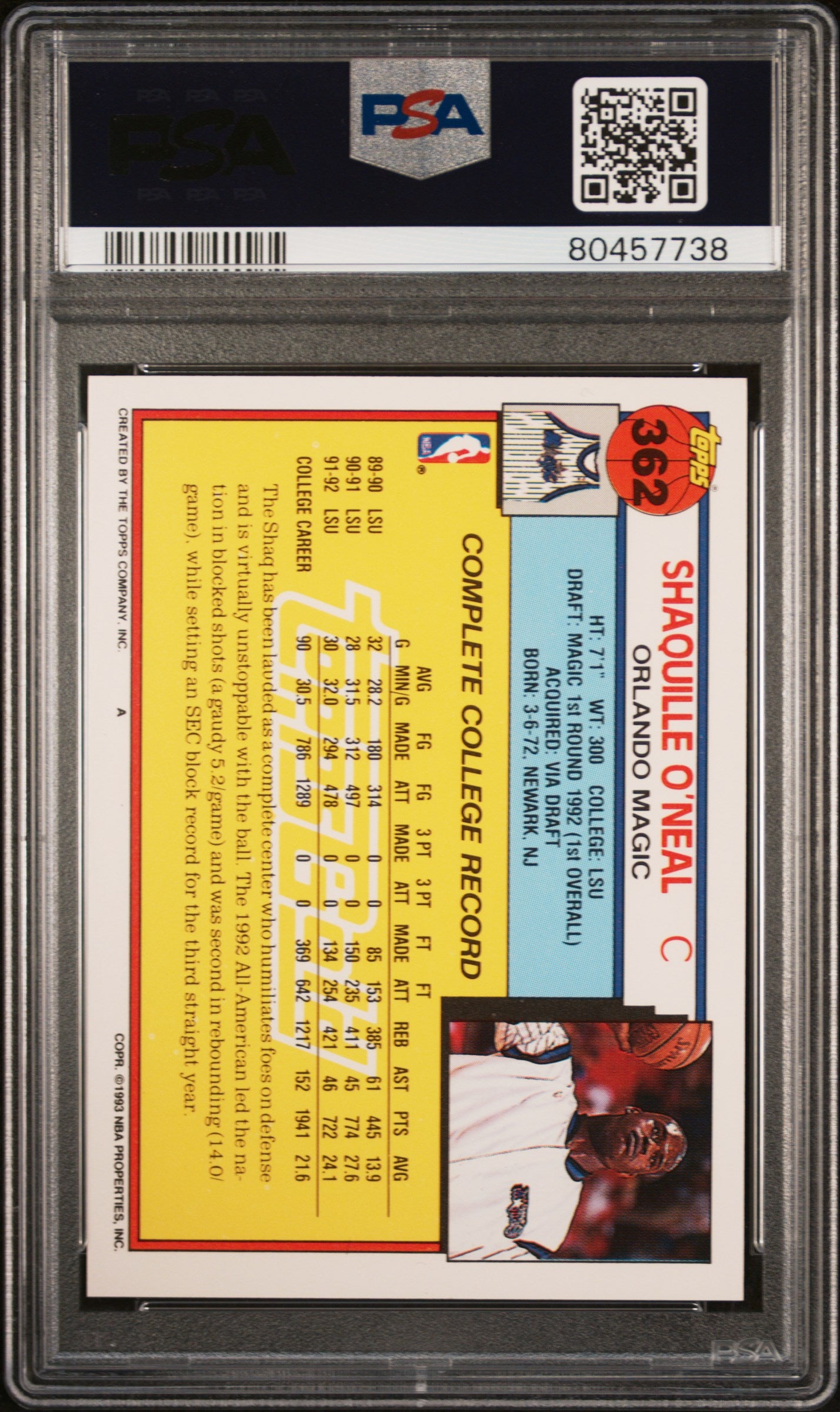 1992 Topps Gold Shaquille O'Neal #362 PSA 9