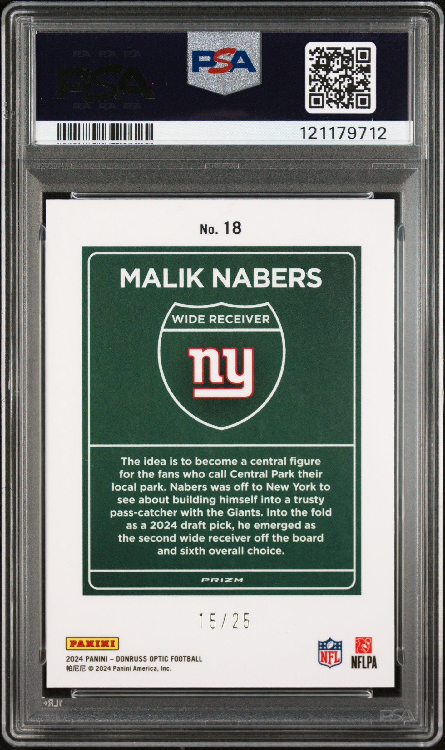 2024 Donruss Optic Downtown! Black Pandora Malik Nabers #18 /25 PSA 10