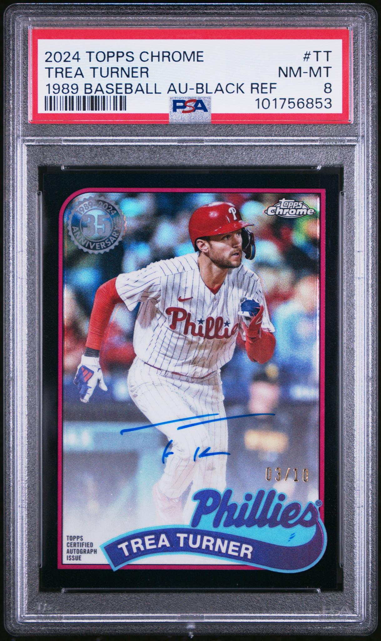 2024 Topps Chrome 1989 Topps Baseball Autographs 1989 Baseball Au-Black Ref Trea Turner #TT /10 PSA 8