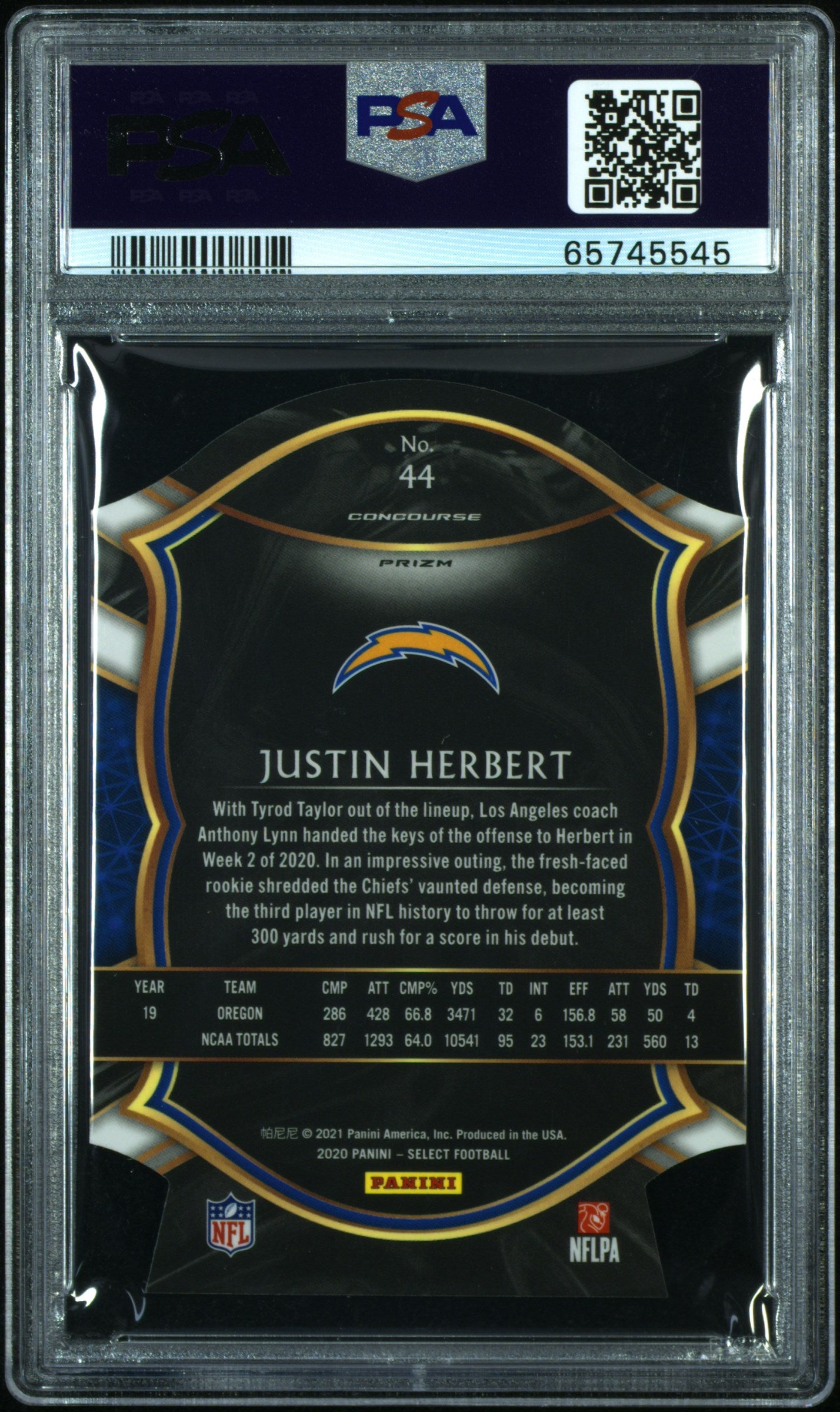 2020 Panini Select Concourse Die Cut Zebra Prizm Justin Herbert #44 PSA 10