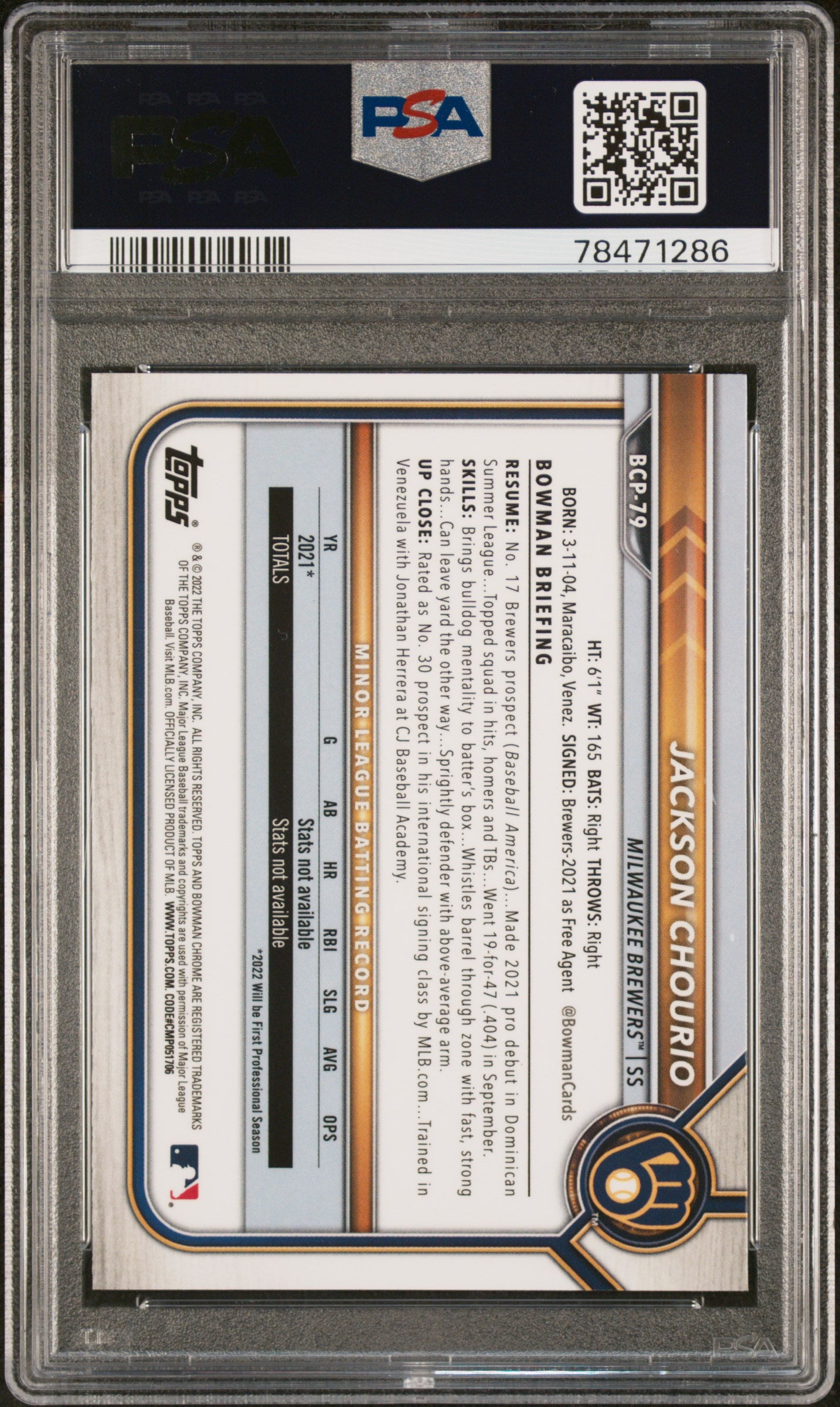 2022 Bowman Chrome Prospect Jackson Chourio #BCP-79 PSA 10