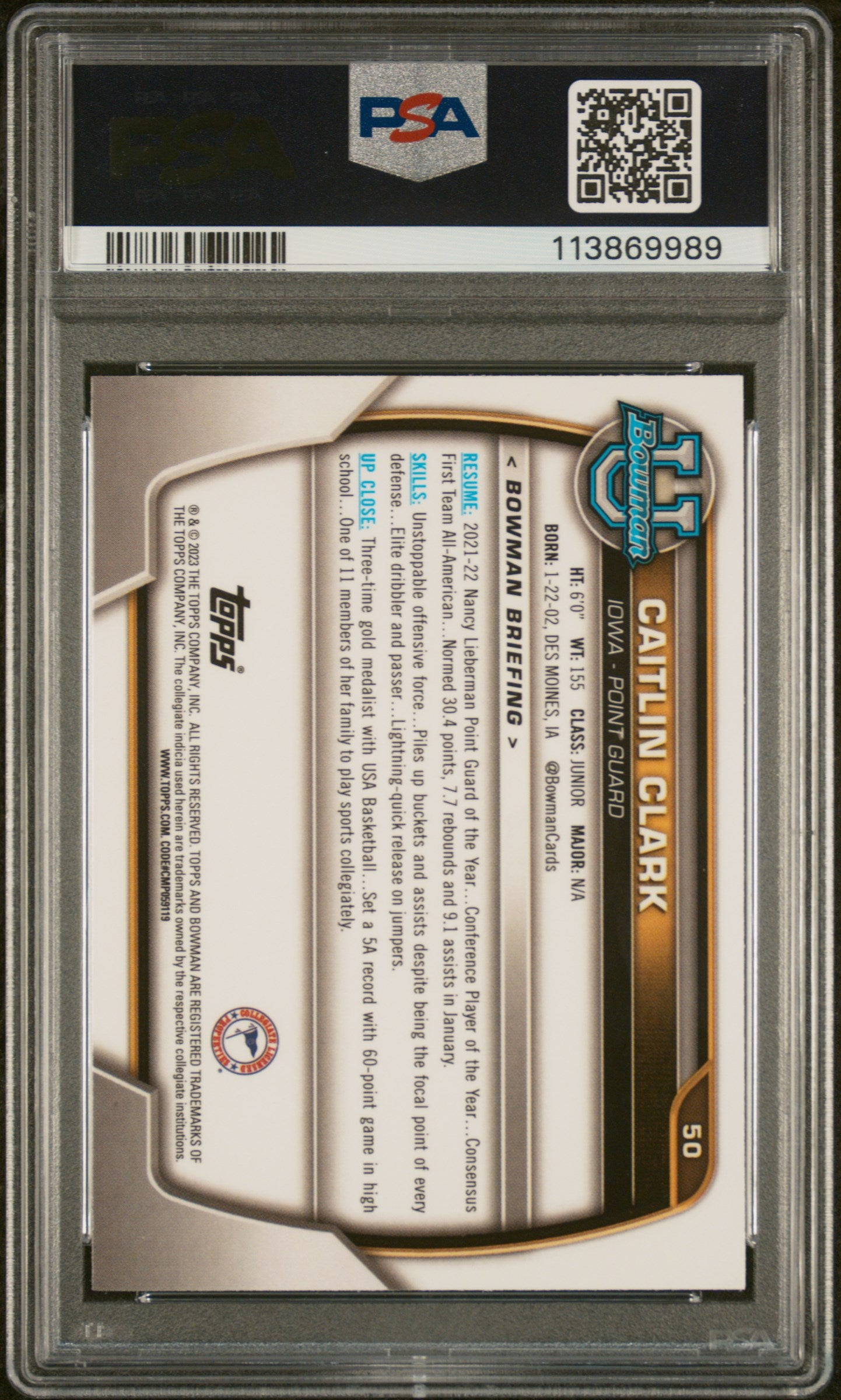 2022 Bowman University Caitlin Clark #50 PSA 9