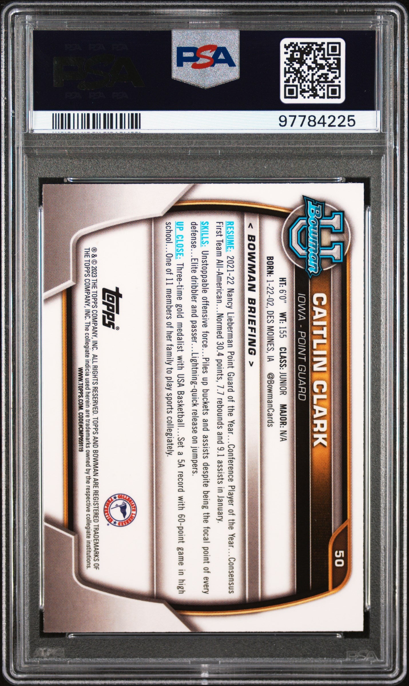 2022 Bowman University Caitlin Clark #50 PSA 9