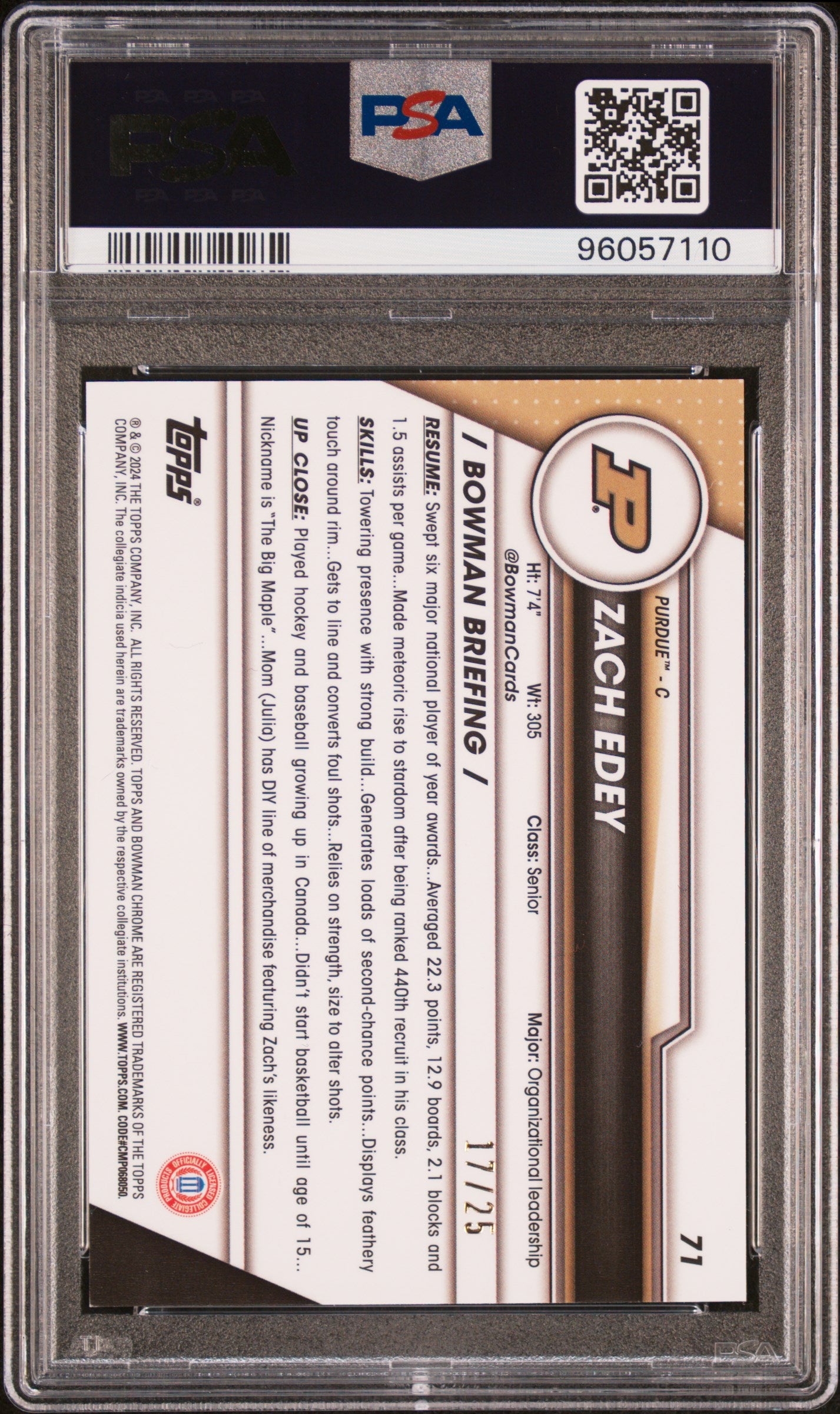 2023 Bowman University Chrome Sapphire Orange Zach Edey #71 /25 PSA 10