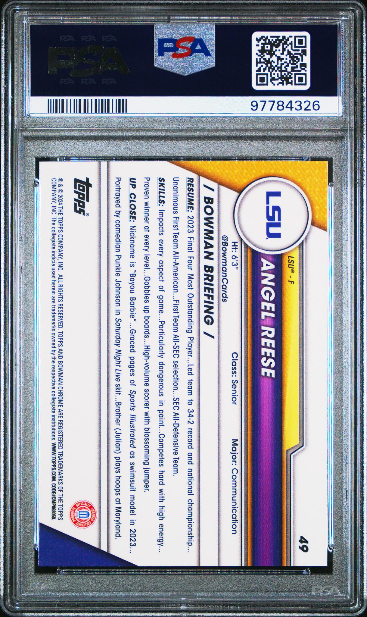 2023 Bowman University Chrome Angel Reese #49 PSA 10