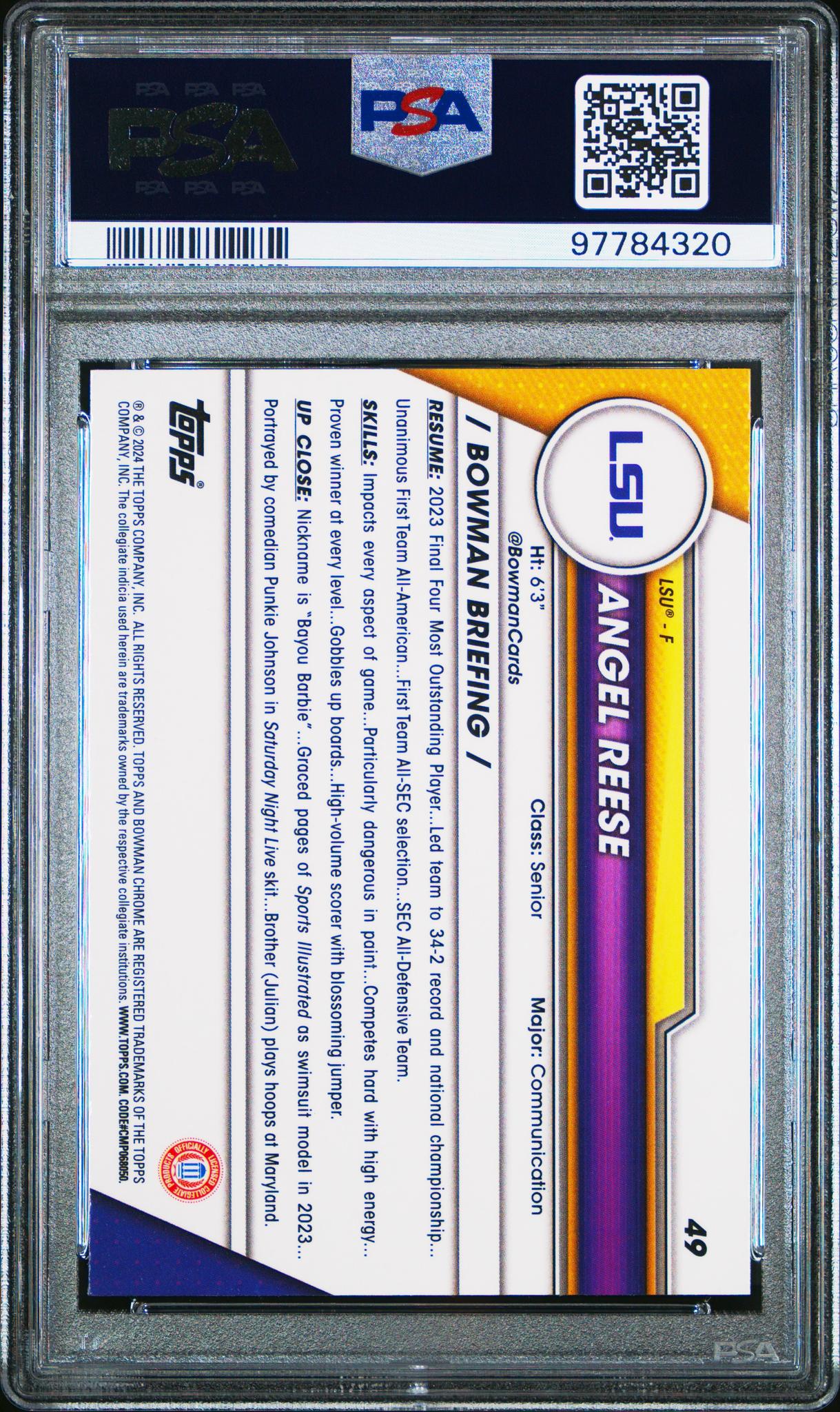 2023 Bowman University Chrome Angel Reese #49 PSA 10
