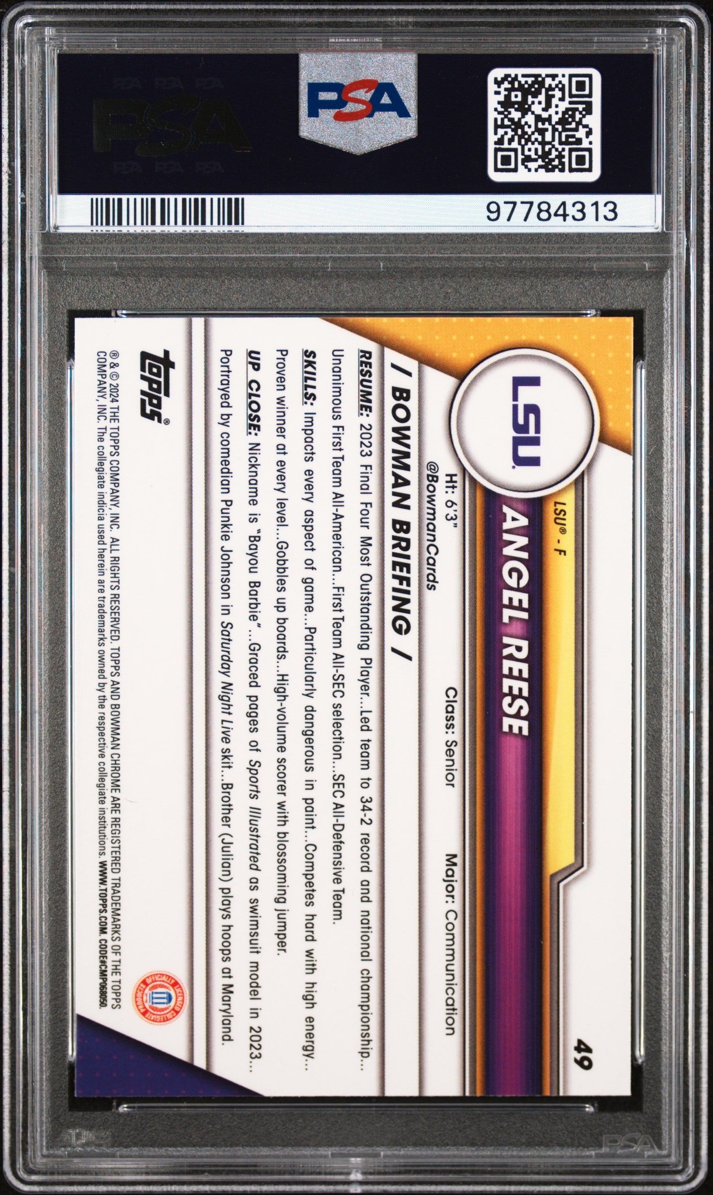 2023 Bowman University Chrome Angel Reese #49 PSA 10