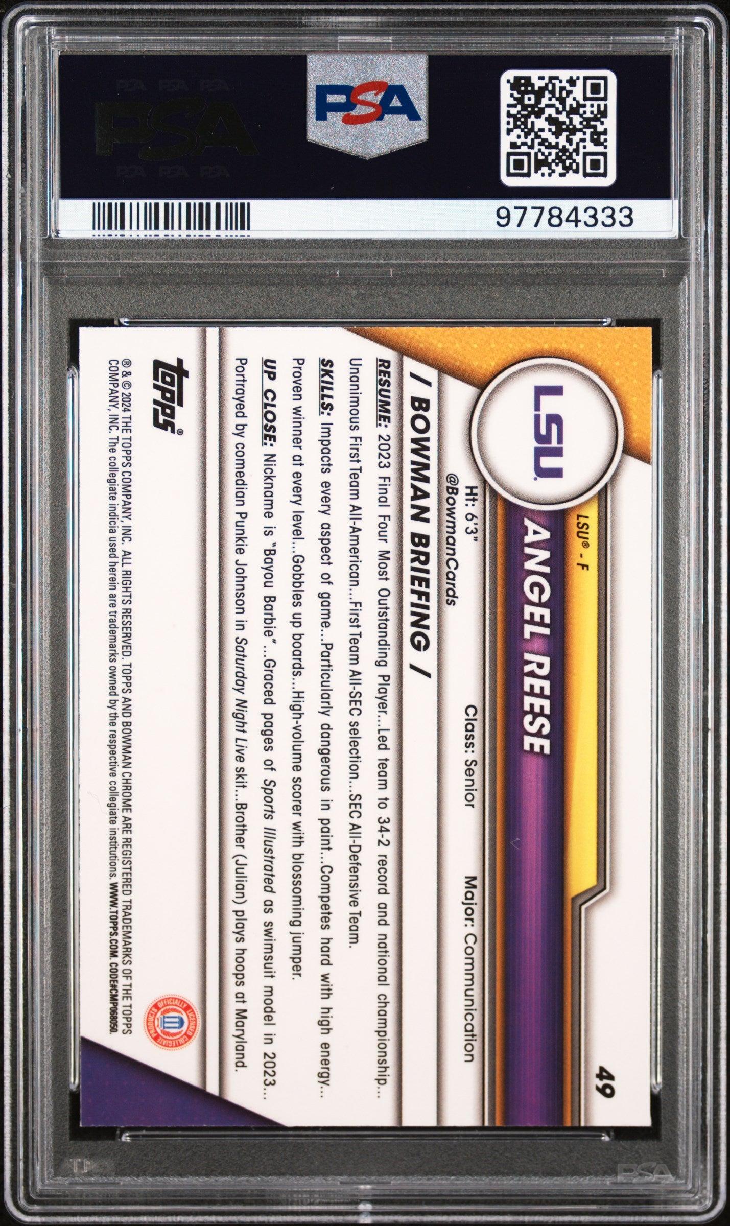 2023 Bowman University Chrome Sapphire Angel Reese #49 PSA 10