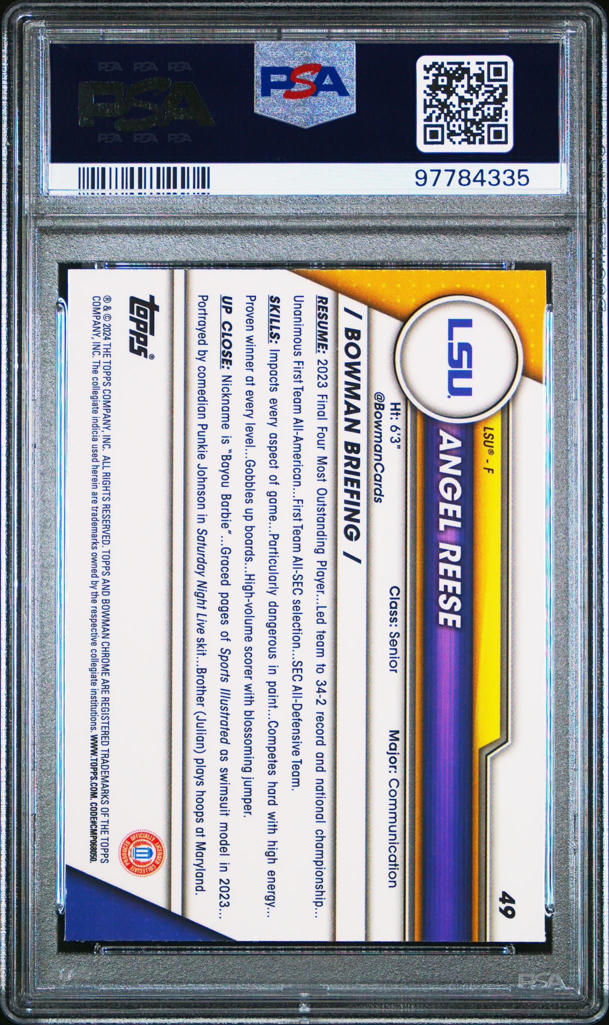2023 Bowman University Chrome Sapphire Angel Reese #49 PSA 10