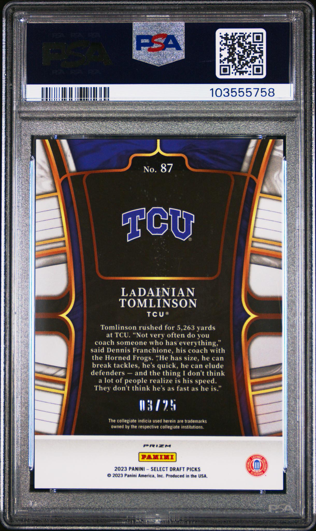 2023 Panini Select Draft Picks Tie-Dye Prizm Ladainian Tomlinson #87 /25 PSA 9