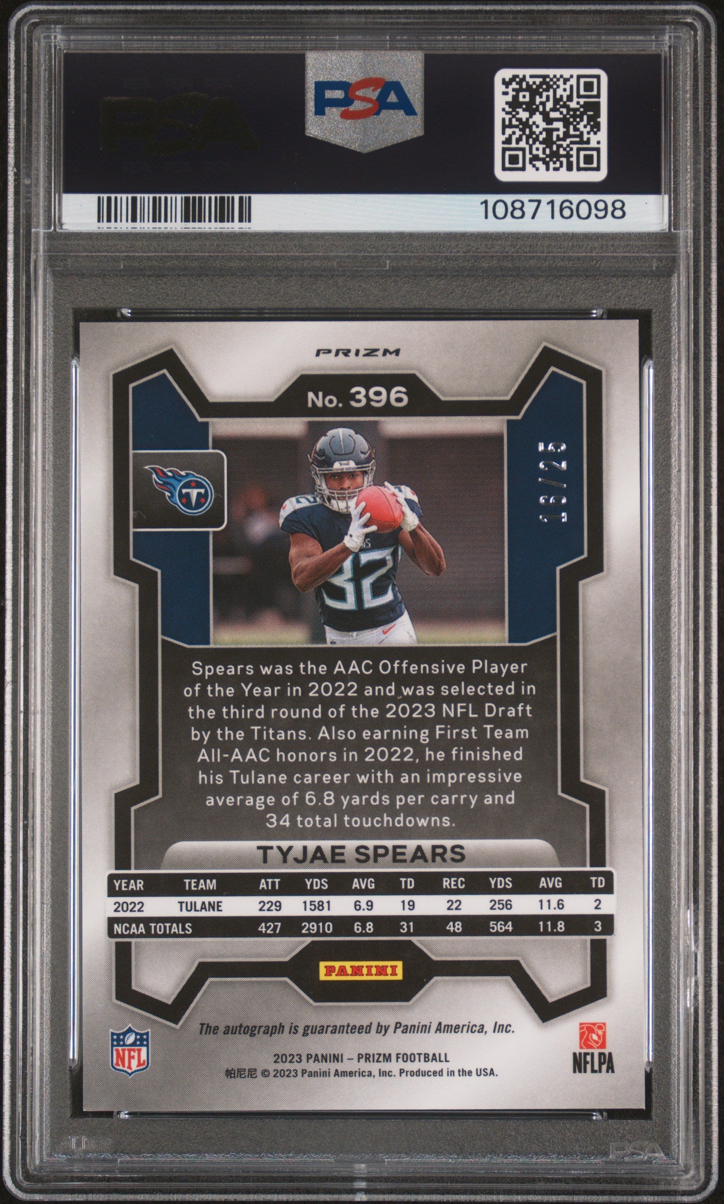2023 Panini Prizm Autograph-Camo Tyjae Spears #396 /25 PSA 10