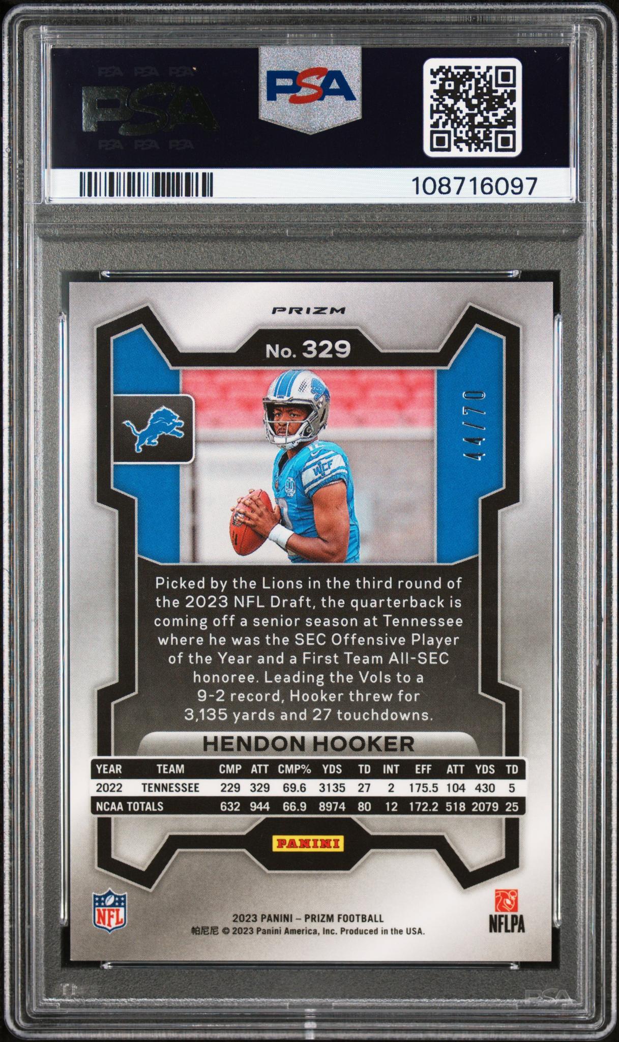 2023 Panini Prizm No Huddle Red Hendon Hooker #329 /70 PSA 9