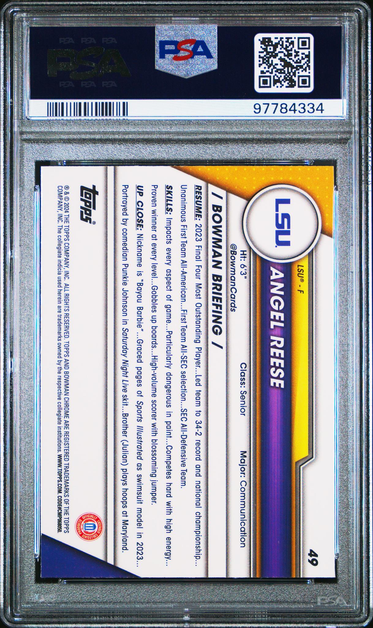 2023 Bowman University Chrome Sapphire Angel Reese #49 PSA 10