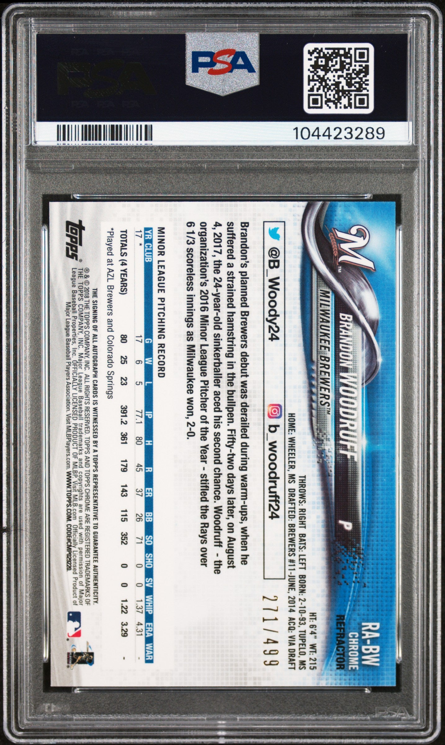 2018 Topps Chrome Rookie Autograph Refractor Brandon Woodruff #RABW /499 PSA 9